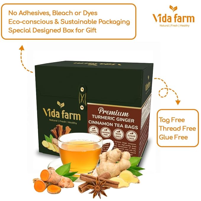 VIDA FARM 100 Turmeric Ginger Cinnamon Tea Bags, Golden Spice Special Blend, 100% Pure and Natural Dried Turmeric Ginger Cinnamon Mix, Non-GMO, No Sugar, No Caffeine, Gluten-Free, Vegan