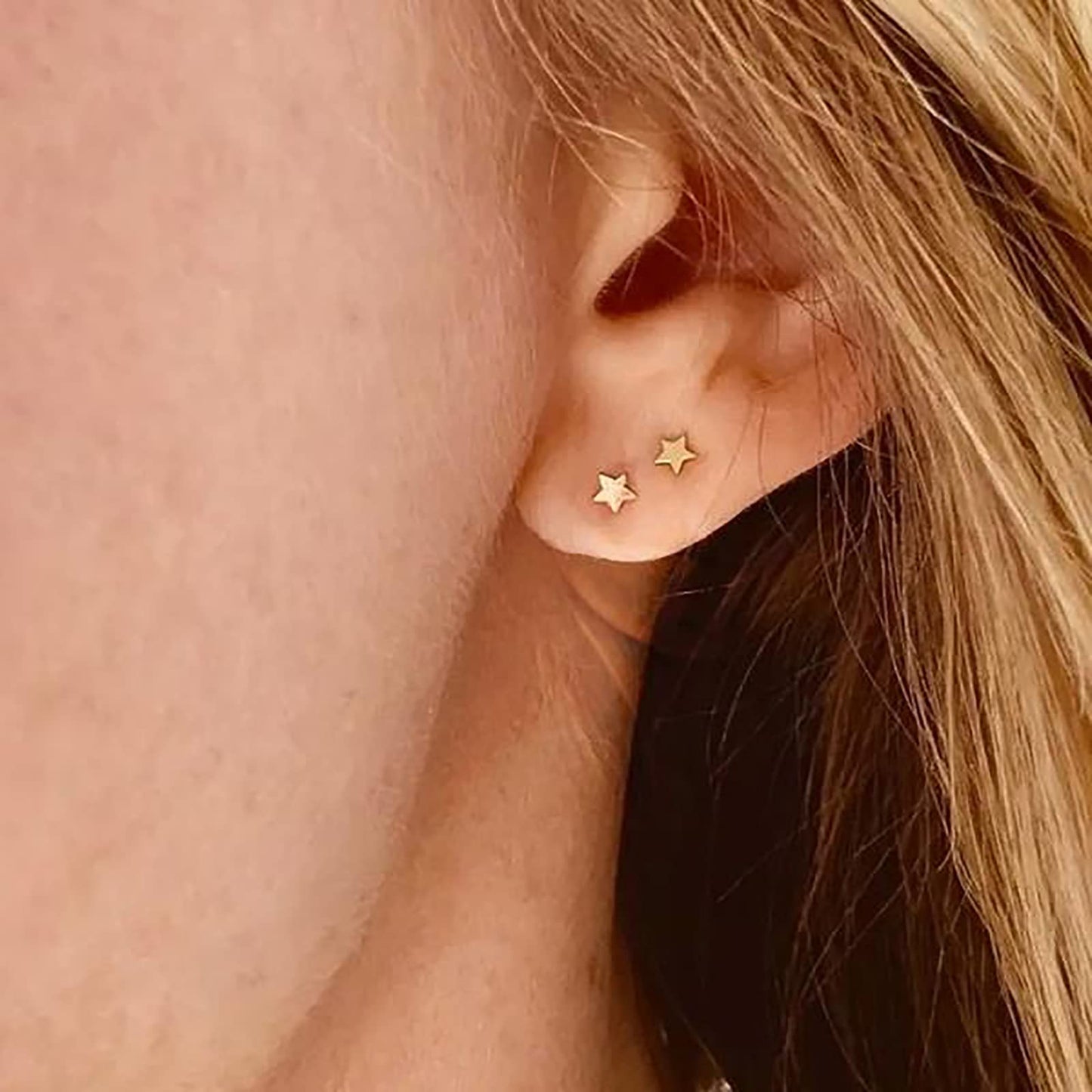 Sterling Silver Stud Earrings for Women Men- 4 Pairs of Hypoallergenic Simple Geometric Small Stud Earring Set Tiny Circle Triangle Heart Star Stud Earrings Mini Cartilage Tragus Earrings, Gold