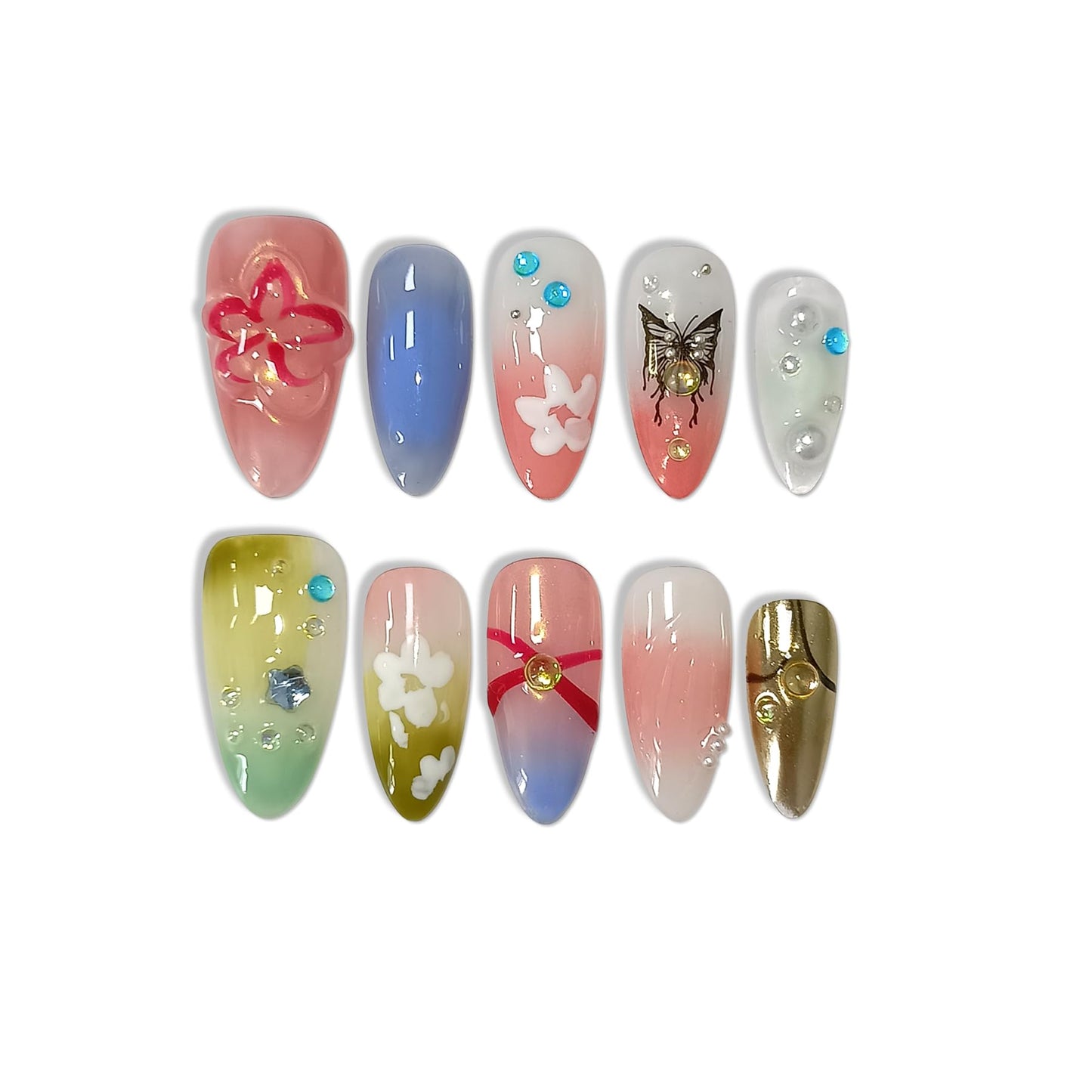 TENPAL Colorful Almond Nails,Handmade Press on Nails,Glossy Pink Green Purple Soft Gel Finished with Flower Butterfly Pattern,Acrylic Glitter Butterfly Nails For Summer(S)