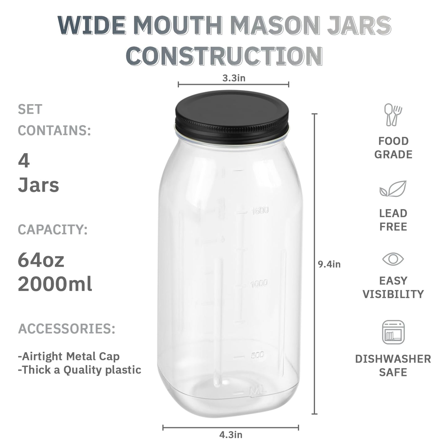 novelinks 64 oz Large Plastic Mason Jars with Airtight Lids, 4 Pack Big Jars Wide Mouth and Plastic Storage Containers for Pantry, Pickle, Sauce, Sugar (4 Pack,Black)