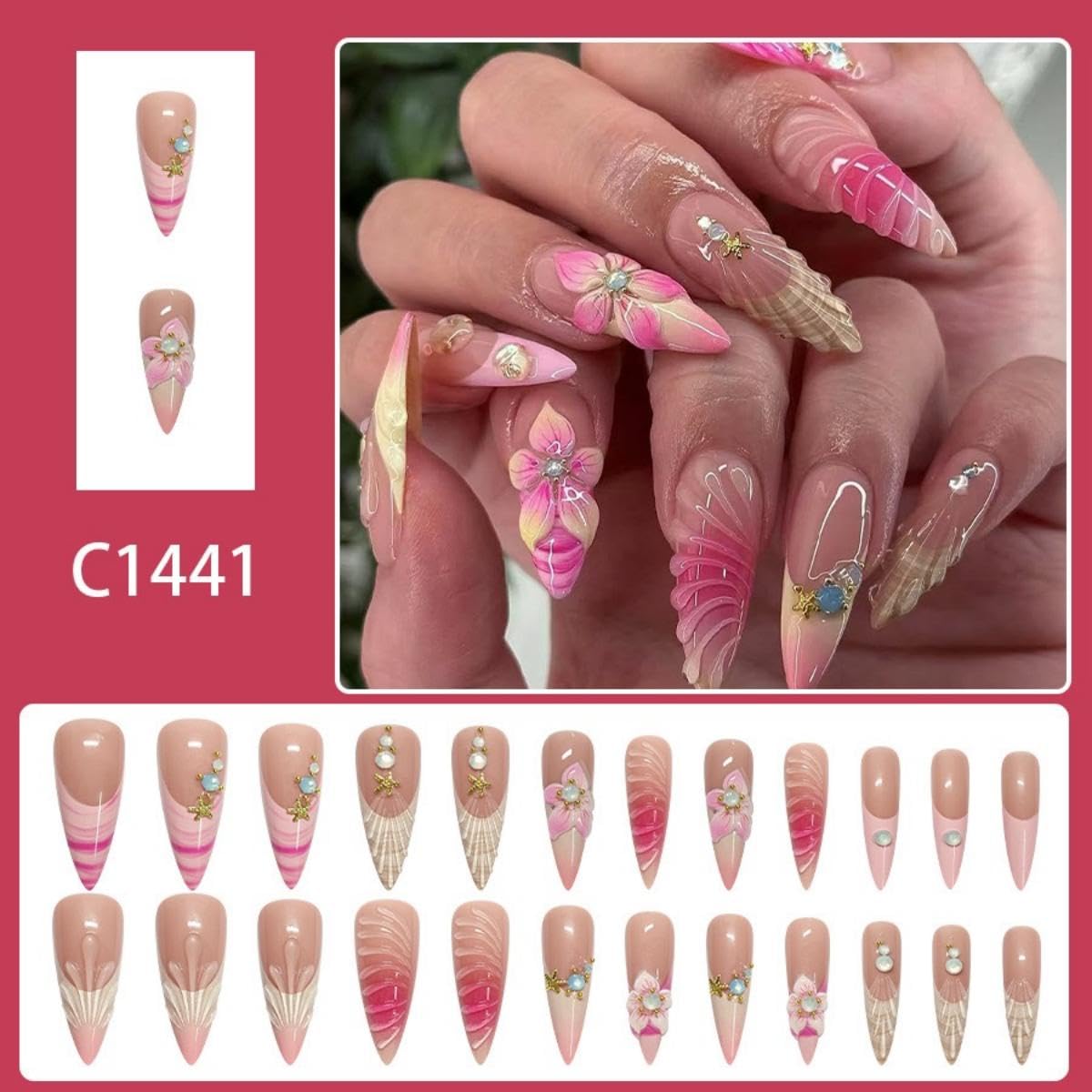 Press on Nails Long Stiletto Fake Nails with 5D Embossed Flower Design Seashell Ombre French Tips Glue on Nails Spring Summer Nail Reusable Full Cover for Women Manicure 24Pcs