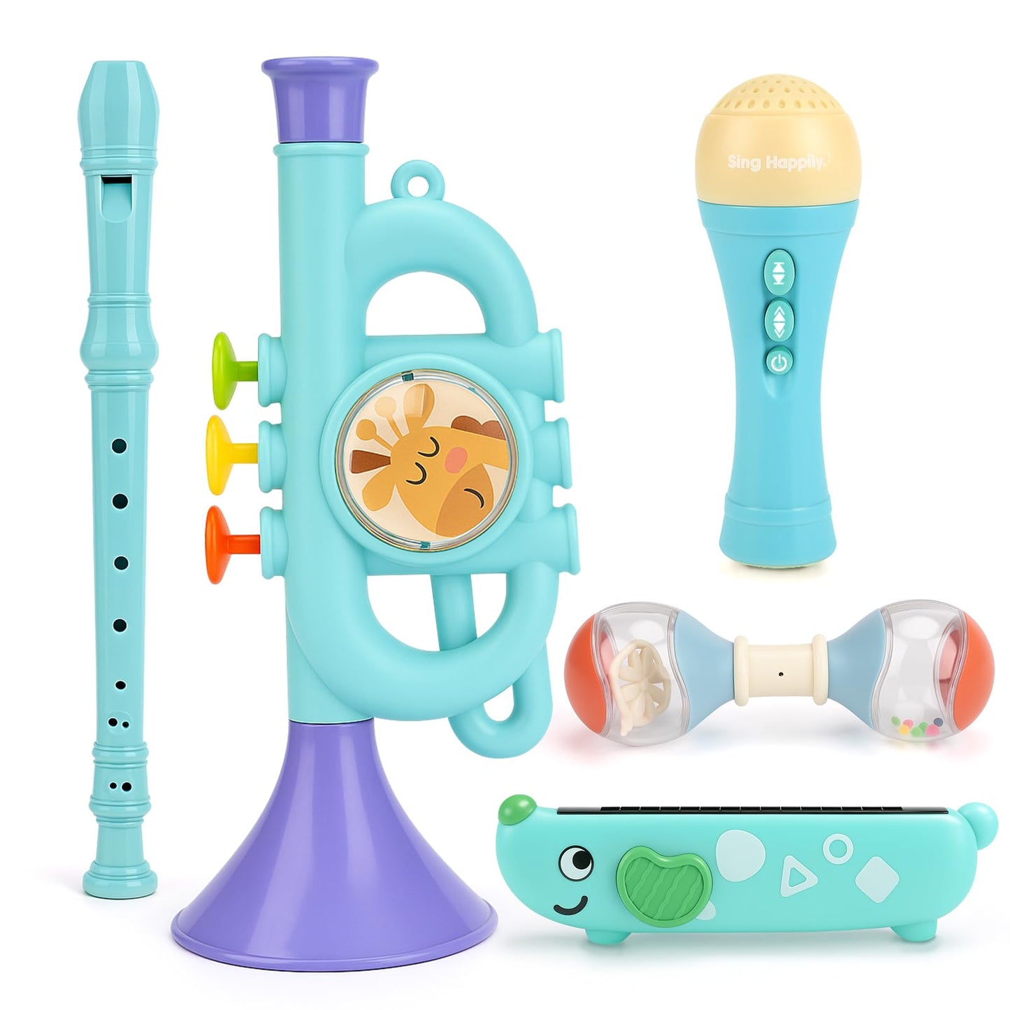 Musical Toys for 2 3 Year Old Boy Girl Birthday Gifts, 5 in 1 Montessori Musical Instruments for Toddlers 2-4 with Trumpet/Microphone/Flute/Harmonica, Preschool Learning Toys for Baby 18+ Months