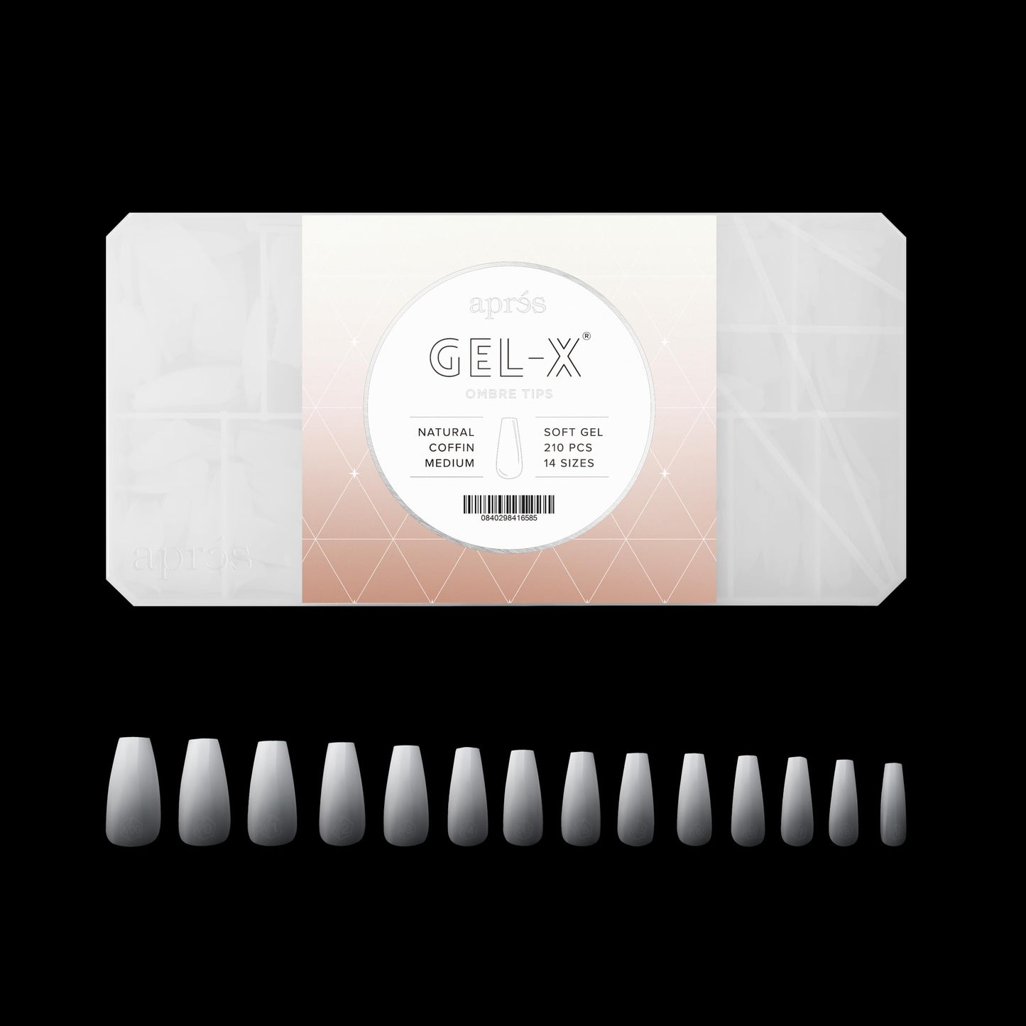 Apres Ombre Gel-X® Box of Nail Tips, 14 Sizes 00-9, Premium Quality (Natural Coffin Medium, 210 Count)