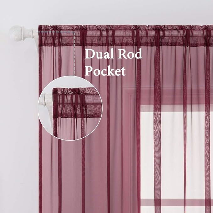 MIULEE 2 Panels Solid Color Sheer Christmas Window Curtains Elegant Window Voile Panels/Drapes/Treatment for Bedroom Living Room (54X45 Inches Wine Red)