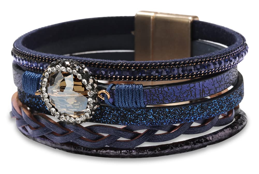 Leopard Bracelet for Women, Boho Leather Wrap Multi-Layer Pearl Crystal Bracelet Bangle Jewelry(Crystal Leather(Blue))
