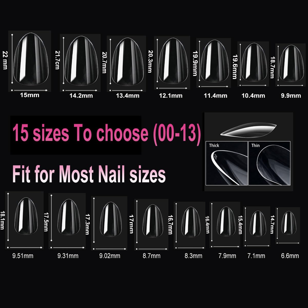 SITELENABY Thick Natural Almond Nail Tips,600PCS Soak Off Gel Fake Nail Extension Press on Nails,Full Cover False Nails Acrylic Nails 15 Size 00-13,Nail Art DIY