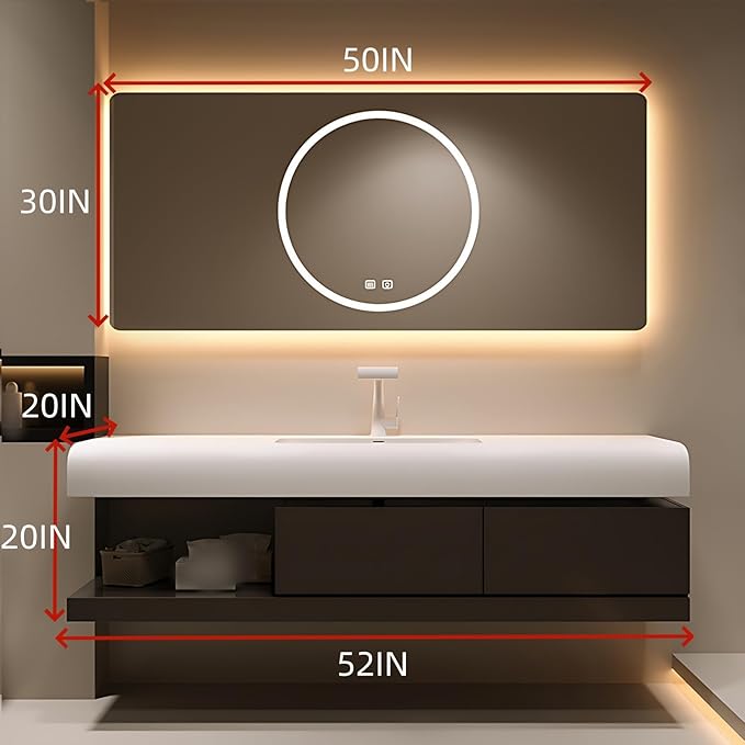 52IN Bathroom Vanity with Sink - Bathroom Cabinet Set has 2 Drawers & Overflow Hole Wall Mounted | LED Practical Defogging Mirror, Open Compartments, Seamless Rock Slab Basin (Coffee)