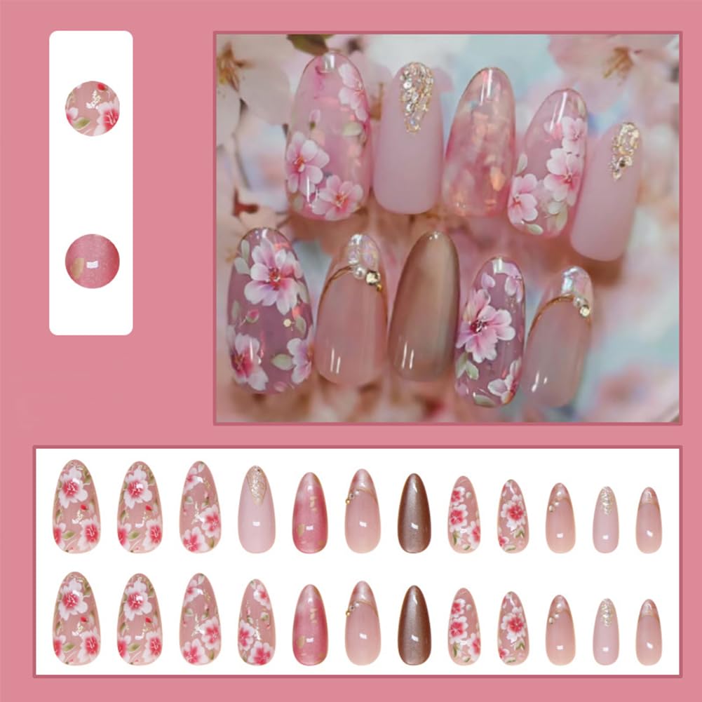 24Pcs Medium Almond Press on Nails Reusable Pink Acrylic False Nails Full Cover Glossy With Flowers Designs And Pearl Design Fake Fingernails Tips Almond Shape Artificial Fale Nail Kit Women Girls
