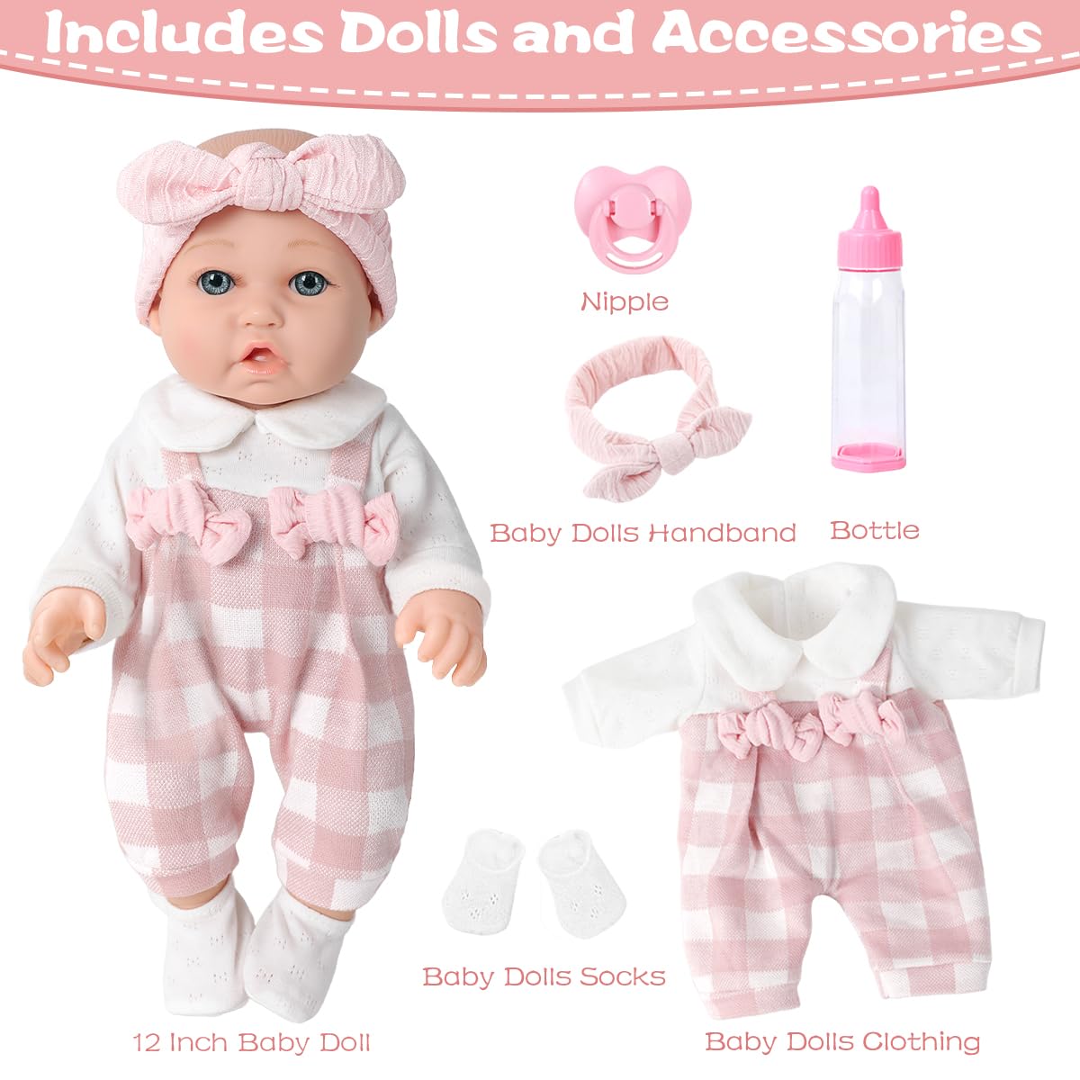 BDDOLL 12'' Baby Doll and Clothes Accessories Playset with Feeding Bottle Pacifier First Baby Dolls for Toddlers 36 Months and Up