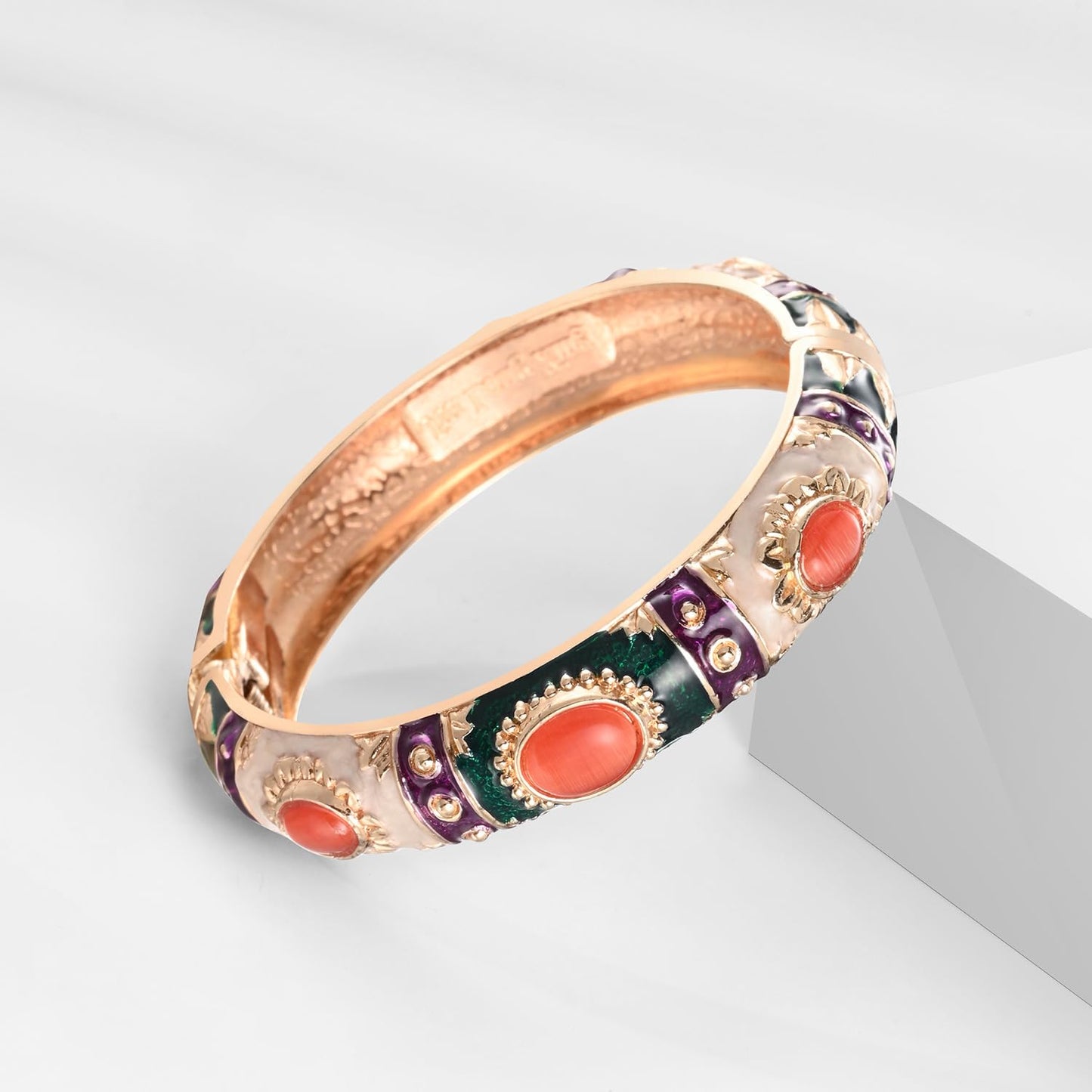UJOY Cloisonne Couple Colors Bracelets Sunflower Enameled Spring Hinged Cuff Bangles Womens Gifts Jewelry 7735-55A18 Cream Green