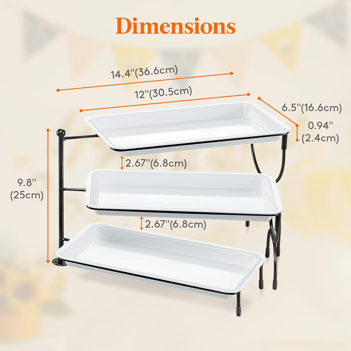Lifewit 3 Tier Serving Tray, 12" x 6.5" White Plastic Tiered Food Serving Platters, Rotatable Tiered Tray Stand for Party with Black Collapsible Metal Stand, Dessert Table Stands for Cookies, Crackers