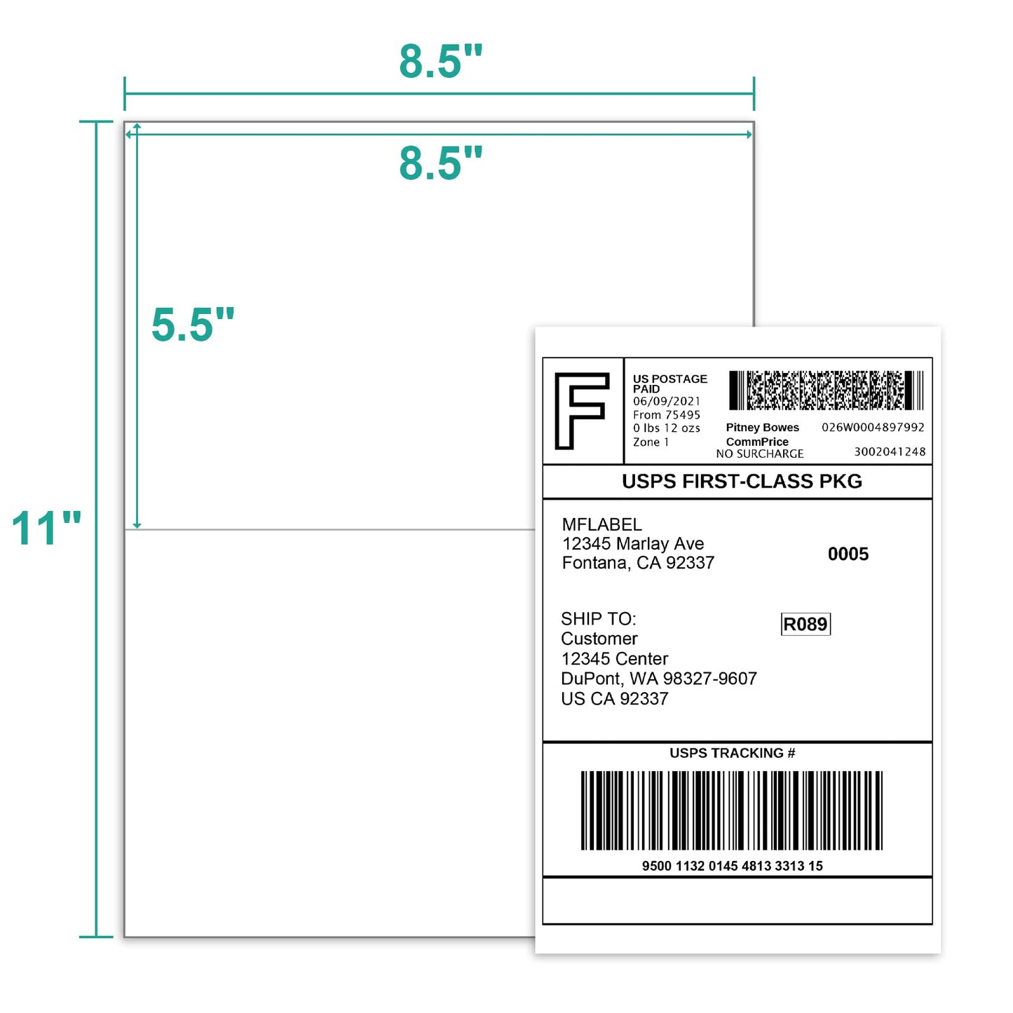 MFLABEL Half Sheet Shipping Labels - 100 Self Adhesive Sticker Sheets for Laser & Inkjet Printers, Waterproof & Smudge-Free, with 12 Free Fragile Labels for Packaging, Shipping and Crafting