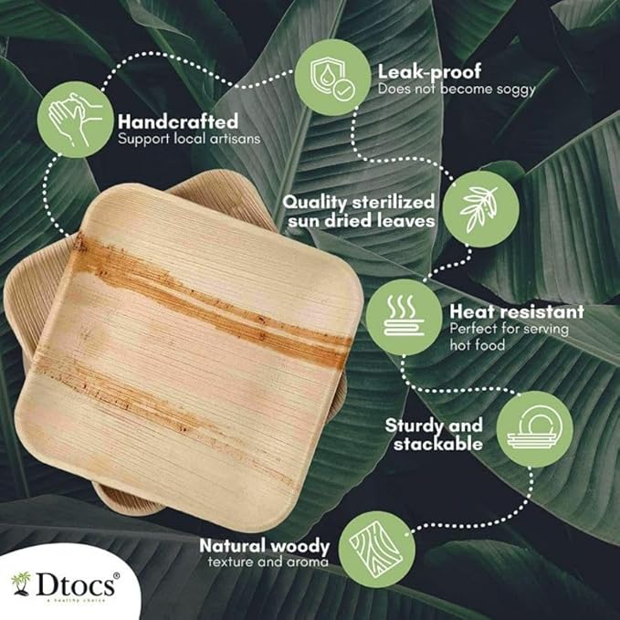 Dtocs Palm Leaf Plates Disposable 7" Square (50) | Compostable Dinnerware for Serving Desserts, Appetizer, Salad, Mini Charcuterie Boards for Camping, Wedding, Birthday | Sturdy than Paper Plates