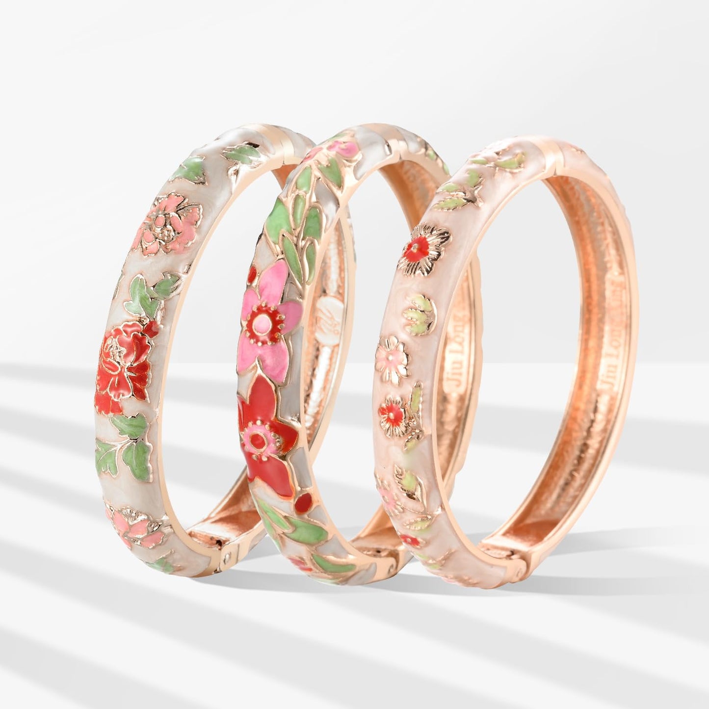 UJOY Womens Multi-Colors Cloisonne Bracelet Gold Plated Flower Enameled Hinged Cuff Bangles Jewelry Gift 55A-3PCS Cream White