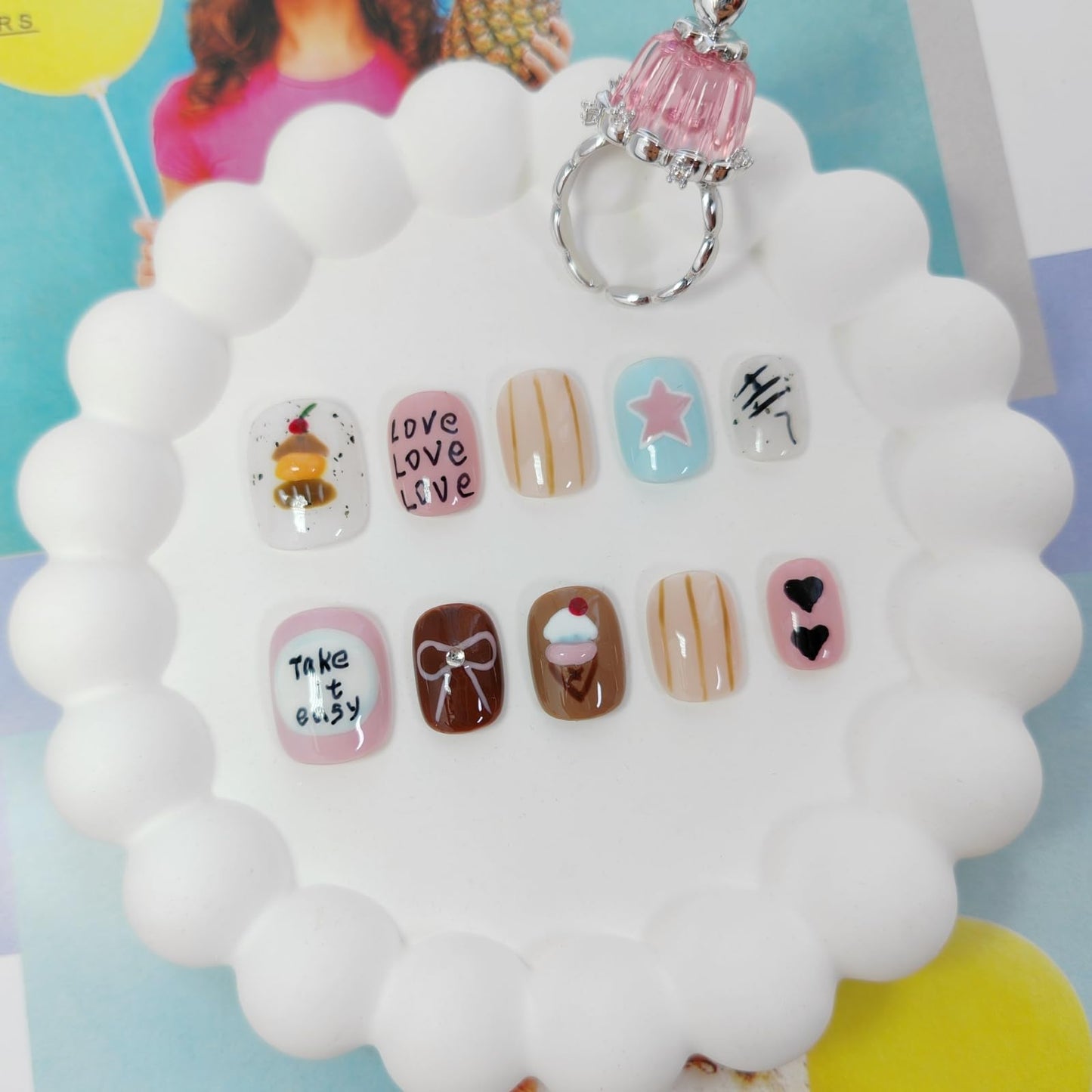 Extra Short Press on Nails Squoval False Nails Handmade with 3D Designs/Charms, Cute Reusable Fake Stick on Tips (Multi#X-Small)