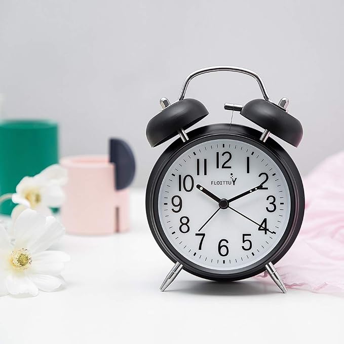 FLOITTUY {Loud Alarm for Deep Sleepers) 4'' Twin Bell Alarm Clock with Backlight for Bedroom and Home Decoration(Black)