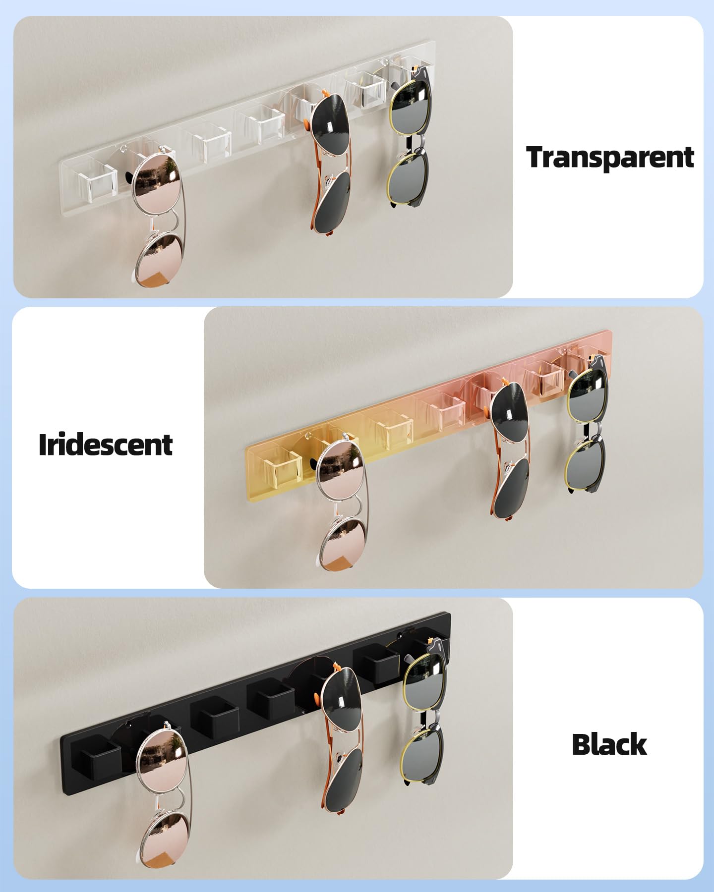 MaxGear Sunglasses Organizer Wall Mount, 2-Pack Acrylic Eyewear Display Holder with 14 Slots, Sunglasses Storage, Includes Adhesive Tape & Screws, Wall Mounted Shelf for Closet, Cabinet, Iridescent