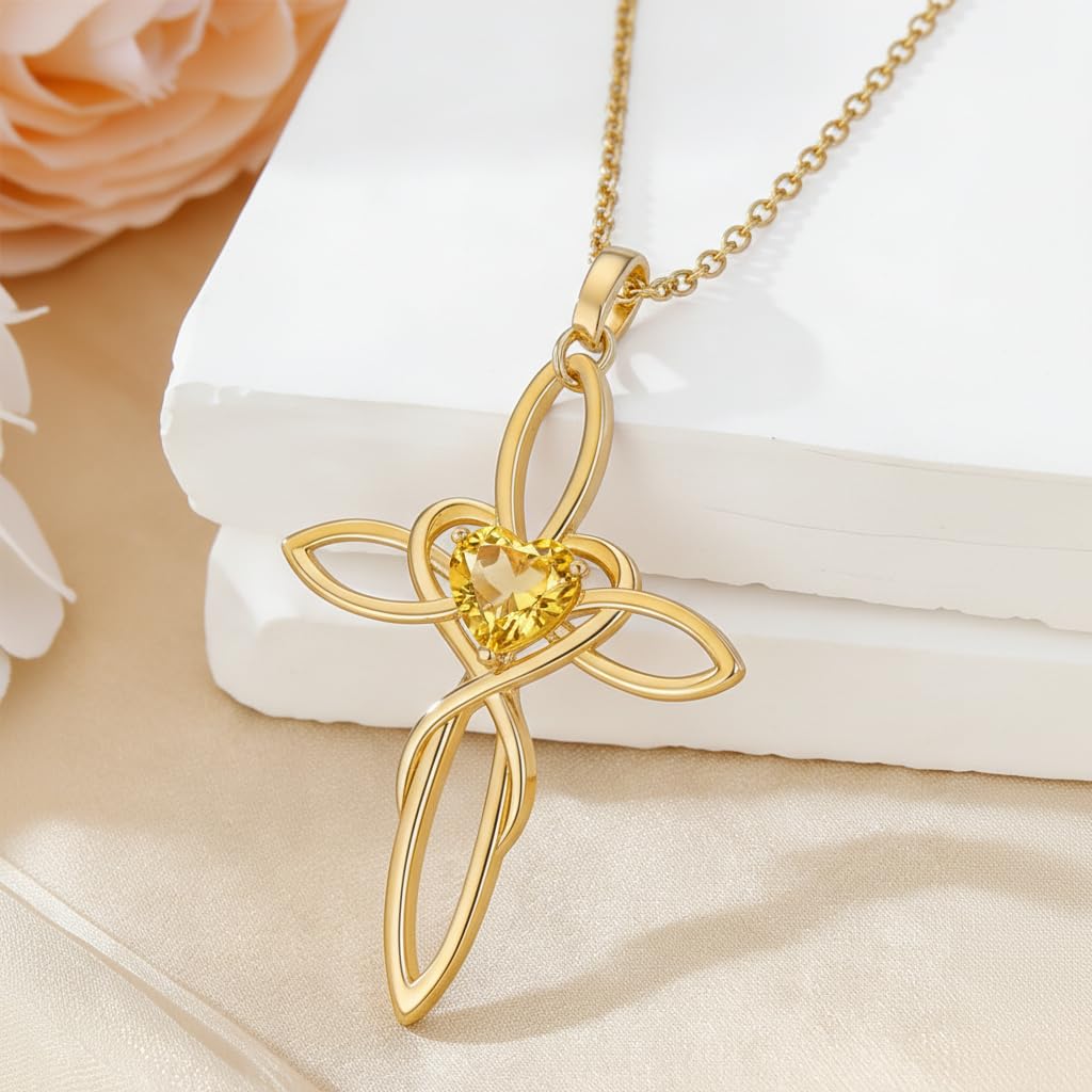 POIUY 14K Gold Celtic Knot Cross Birthstone Necklace for Women Irish Infinity Heart Pendant Cross Jewelry Baptism Faith Anniversary Valentines Birthday Mothers Day Gifts for Mom Wife Her