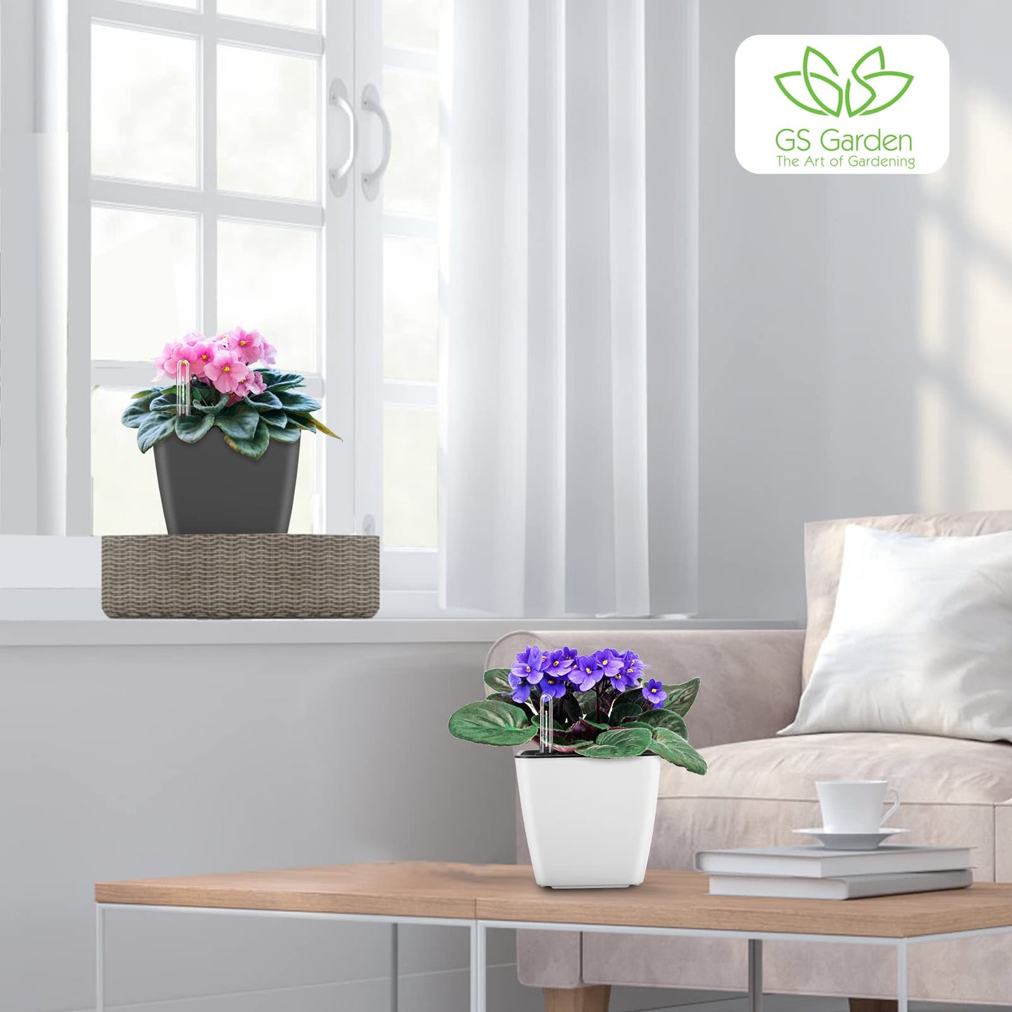 GS Garden Self Watering Planters for Indoor Plants, 5.2 Inch 6 Pack Square Plastic Plant Pots with Water Level Indicator & Drainage System for African Violet Herbs Succulents - White