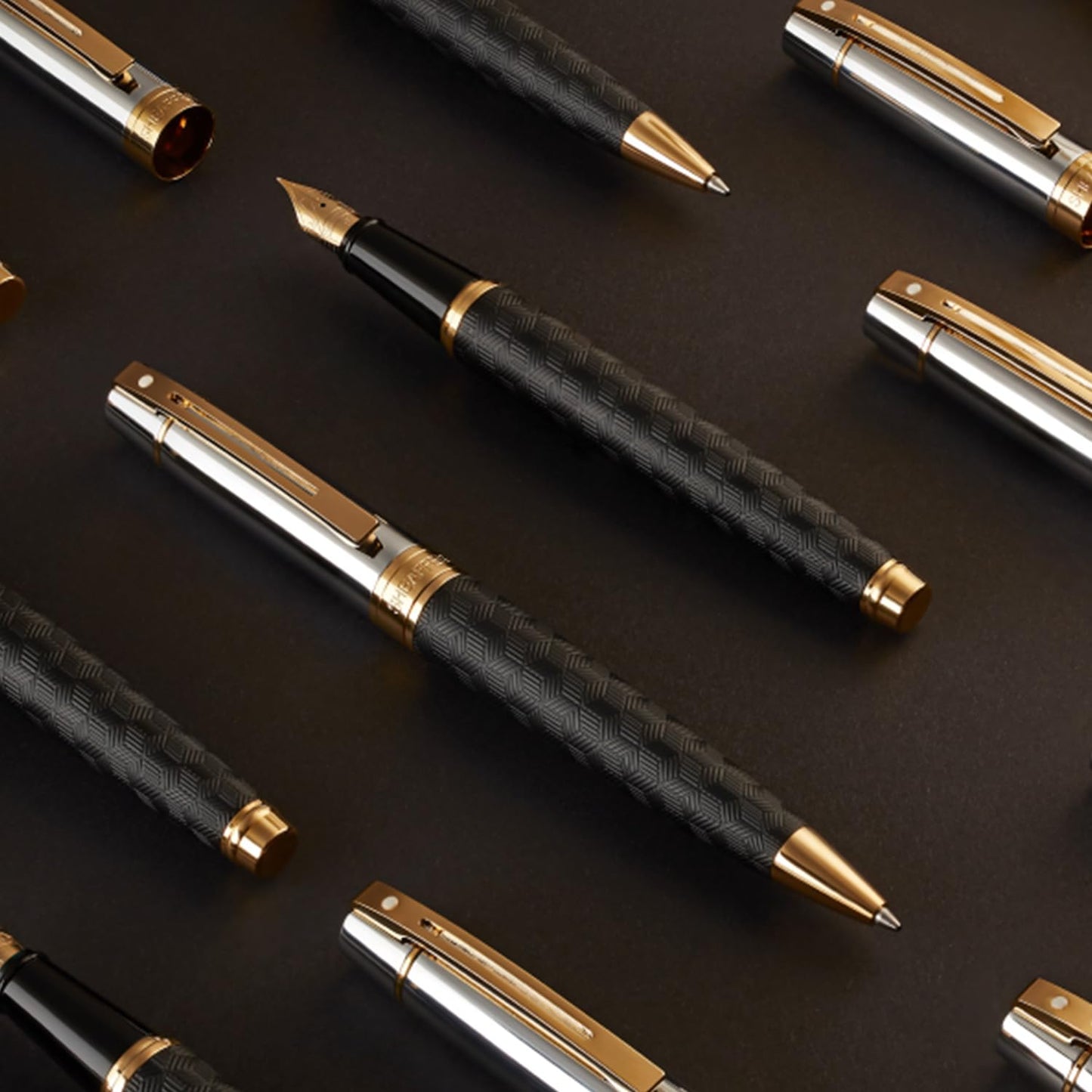 Sheaffer 300 Rollerball Pen| E9347 Engraved Matt Black Barrel and Shiny Chrome Cap with PVD Gold Trims | Premium Rollerball Pen