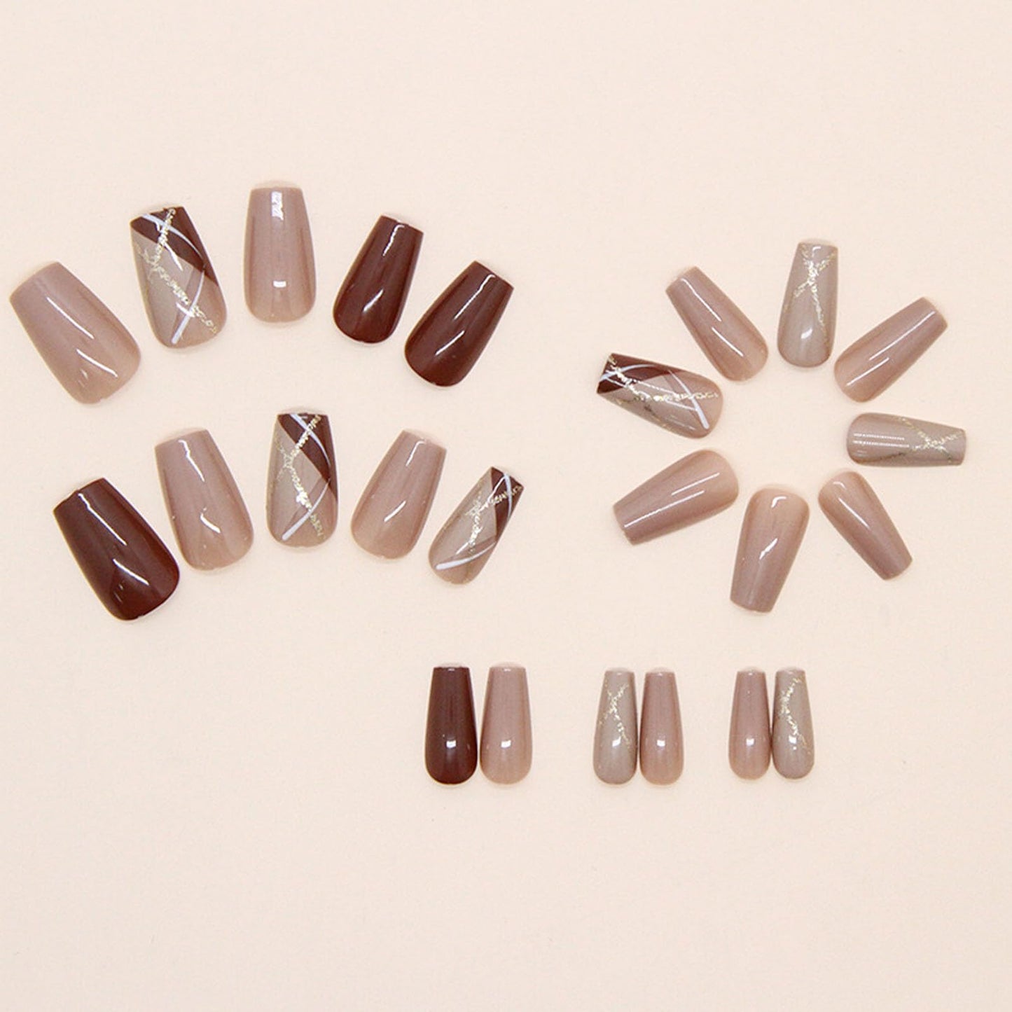 24Pcs Press on Nails Medium Coffin Fake Nails with Golden Glitter White Lines Designs Glossy Nails Press ons Brown Full Cover Glue on Nails Acrylic Nails Artificial Stick on Nails for Women