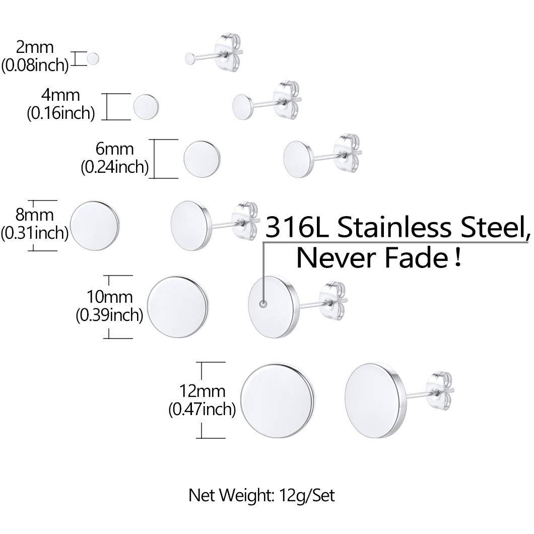 Mens Womens Round Stud Earrings Set 6 Pairs Stainless Steel Ear Piercing Hip Hop Style Earring Jewelry