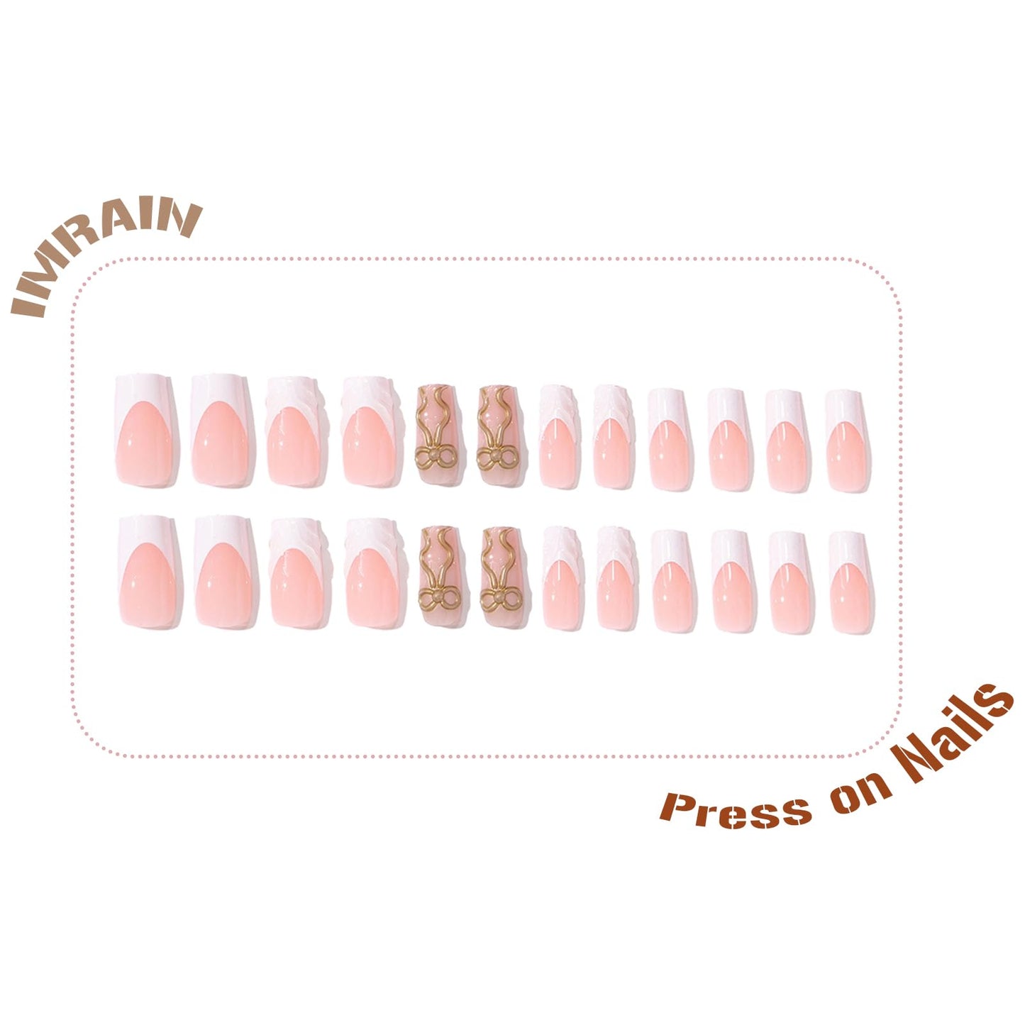 IMRAIN Press on Nails Long Square Fake Nails White French Tips False Nails with 3D Golden Bow Designs Full Cover Glue on Nails for Women