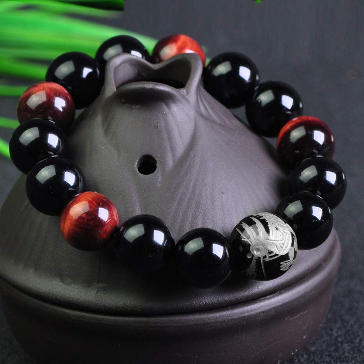 Merdia Men's Tiger Eye Stone Elastic Bead Bracelet with Loong Pattern