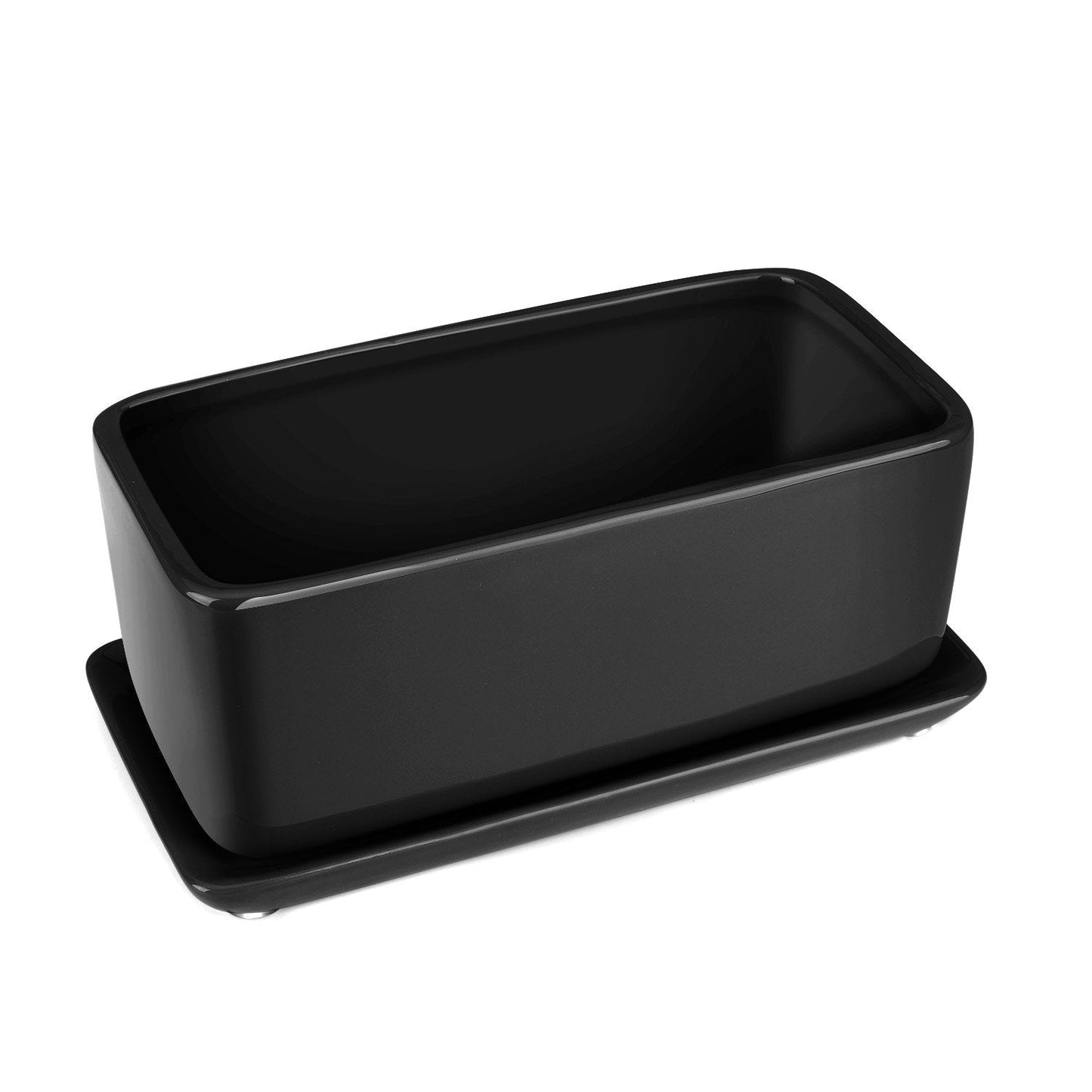 Flexzion 10 Inch Rectangular Ceramic Succulent Planter Pot - Cactus Herb Flower Container Window Box Holder with Removable Drip Tray Base for Tabletop Desktop Indoor Outdoor Home Office Garden (Black)