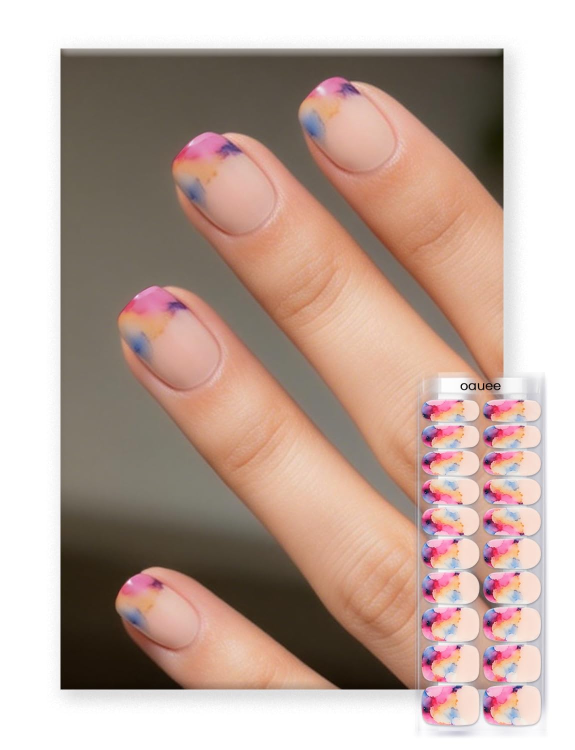 Oauee Semi Cured Gel Nail Strips | Built-In Gel Top Coat | UV Light Required | Salon Quality, Easy Application And Removal (Ink Blot Rainbow）