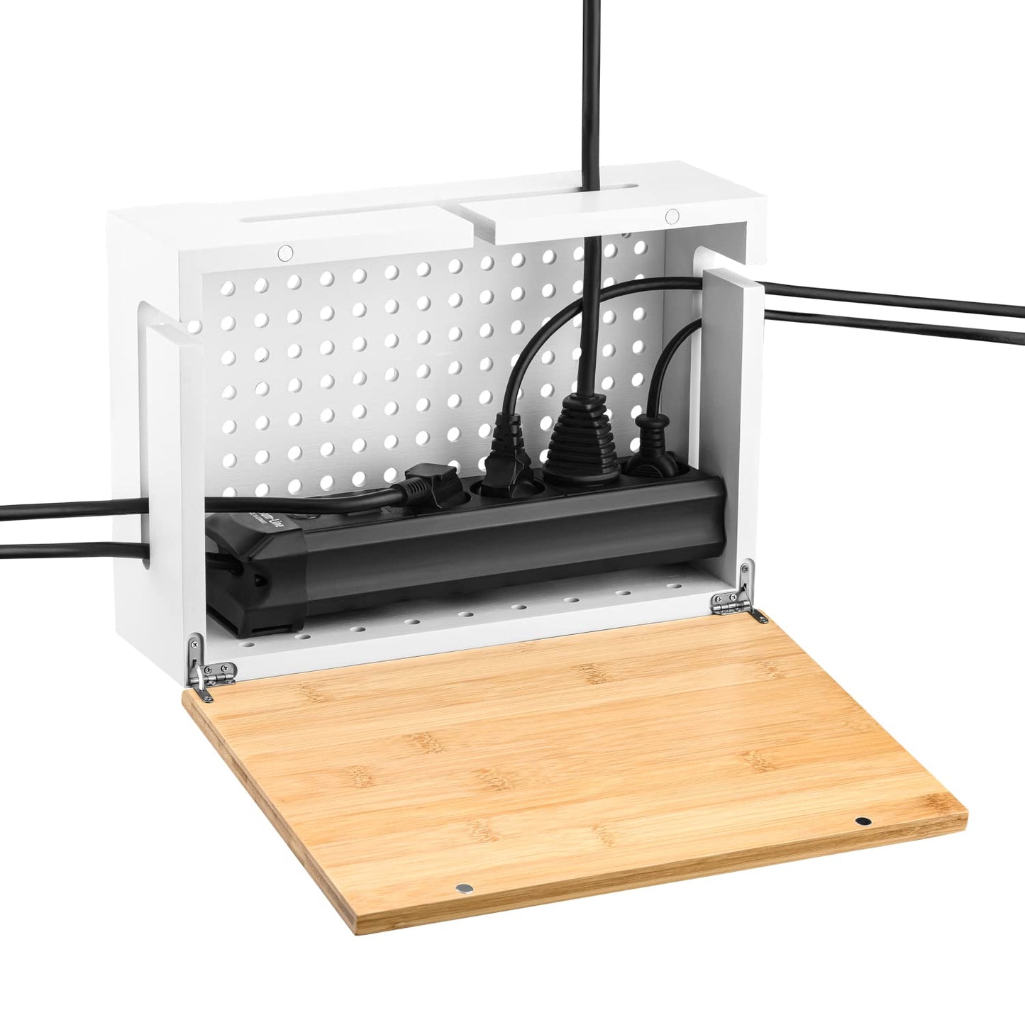 Bamboo Cable Management Box with Magnetic Lid - 12,6x7,8x4.3 in - Durable Cable Organizer to Hide Cords & Power Strip - Wall Mountable - Including Hardware - for Home, Office, Desk & More (White)