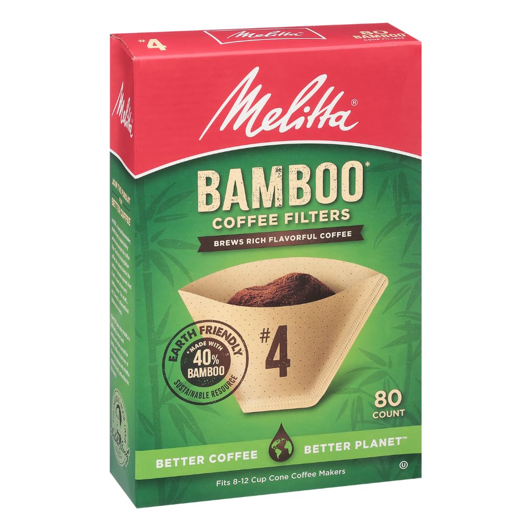 Melitta #4 Cone Coffee Filters, Bamboo, 80 Count (Pack Of 6), 480 Total Filters - Fits all 8-12 Cup Cone Coffee Makers and Pour-Overs, Compostable, Tear-Resistant, Made in USA