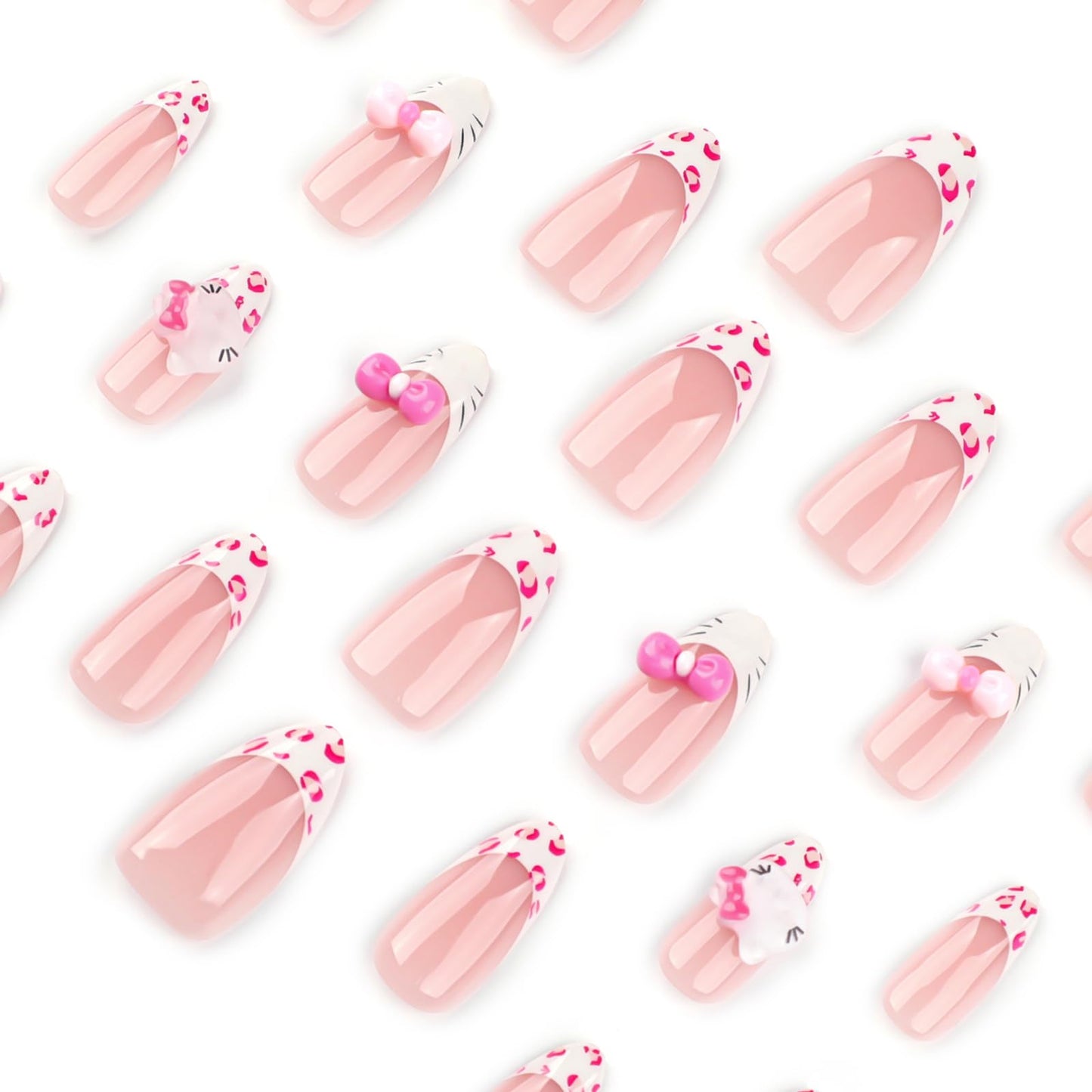 MISUD Press on Nails - Medium Almond Glue on Nails with Pink Cheetah, Acrylic Cute Cat Design 24 pcs