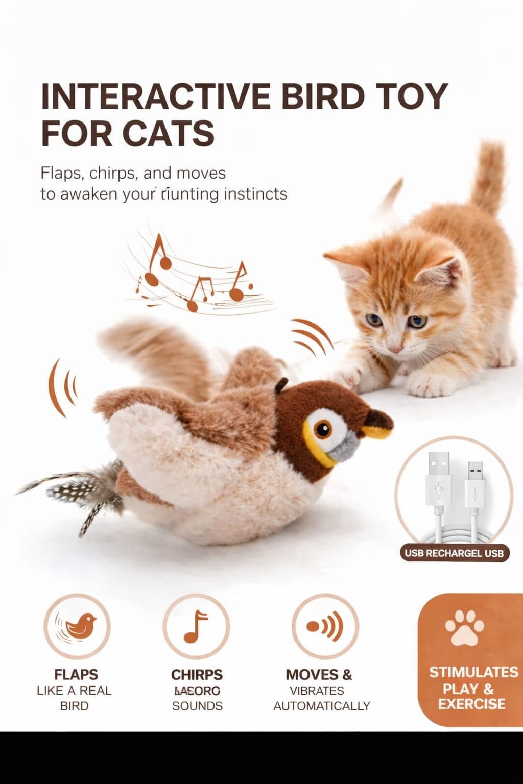 Cat Toy, Plush Bird with Sound and Motion, USB Rechargeable, Soft Washable Cover, Brown and White no Flying