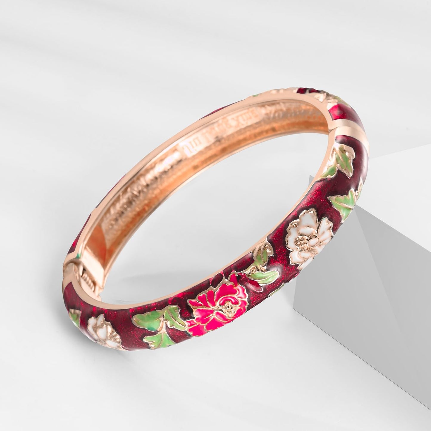 UJOY Vintage Cloisonne Bracelets Flower Enameled Jewelry Plated Cuff Bangle for Women Gift Box 55A113-55A114 WineRed Blue
