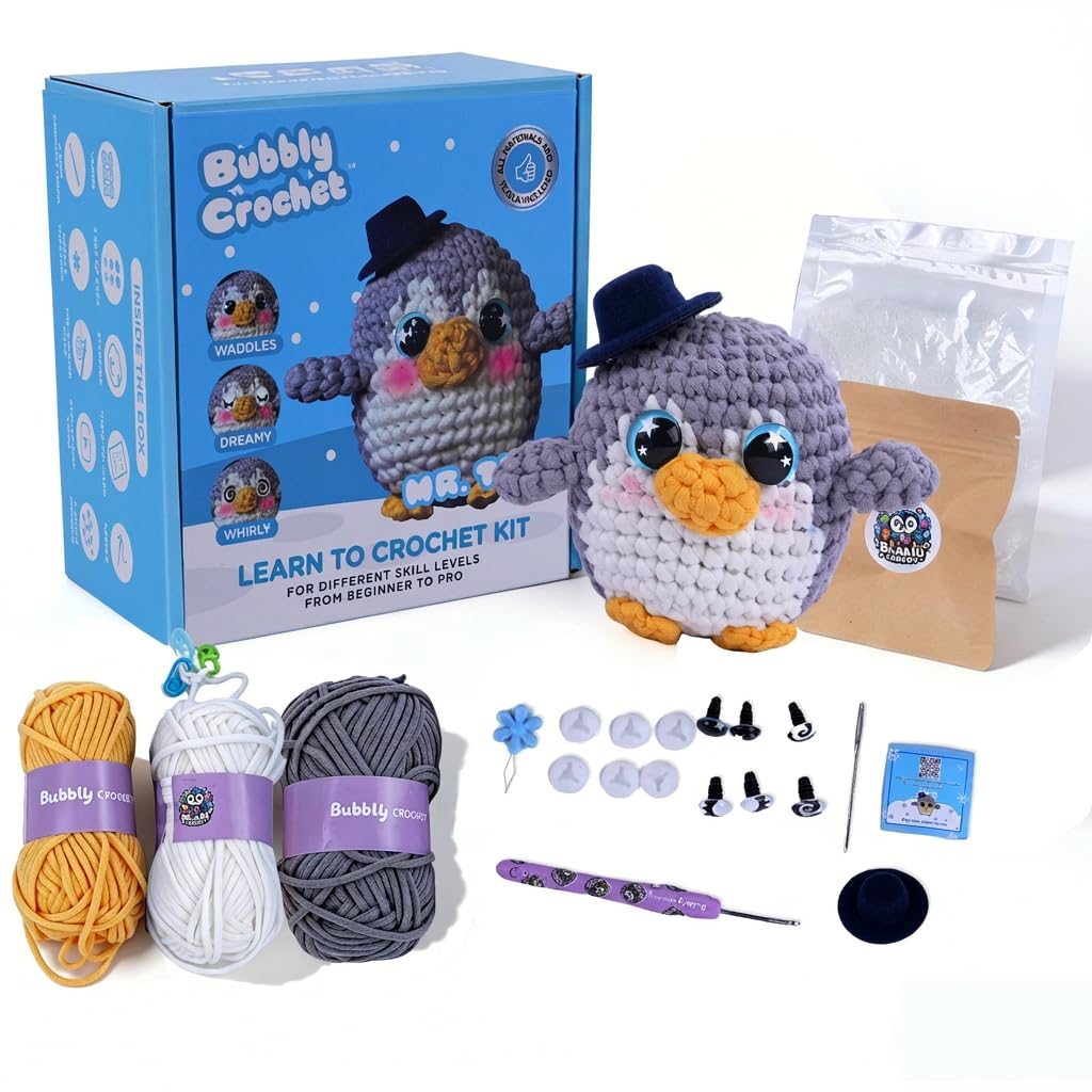 Bubbly Crochet Mr. Tux the Penguin Crochet Kit for Beginners – DIY Penguin Plush with Customizable Eyes & Hat, Step-by-Step Video Tutorials & All-in-One Tools – Amigurumi Craft Kit and Easy Arts