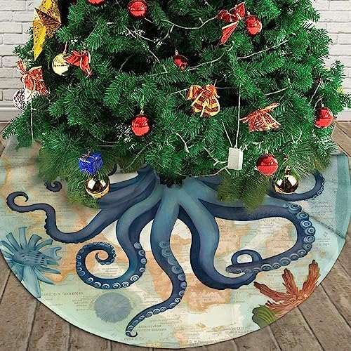 Ocean World Sea Octopus Christmas Tree Skirts 30", Xmas Tree Cloth Mats Trees Skirts for Decor Gift, Home Decoration