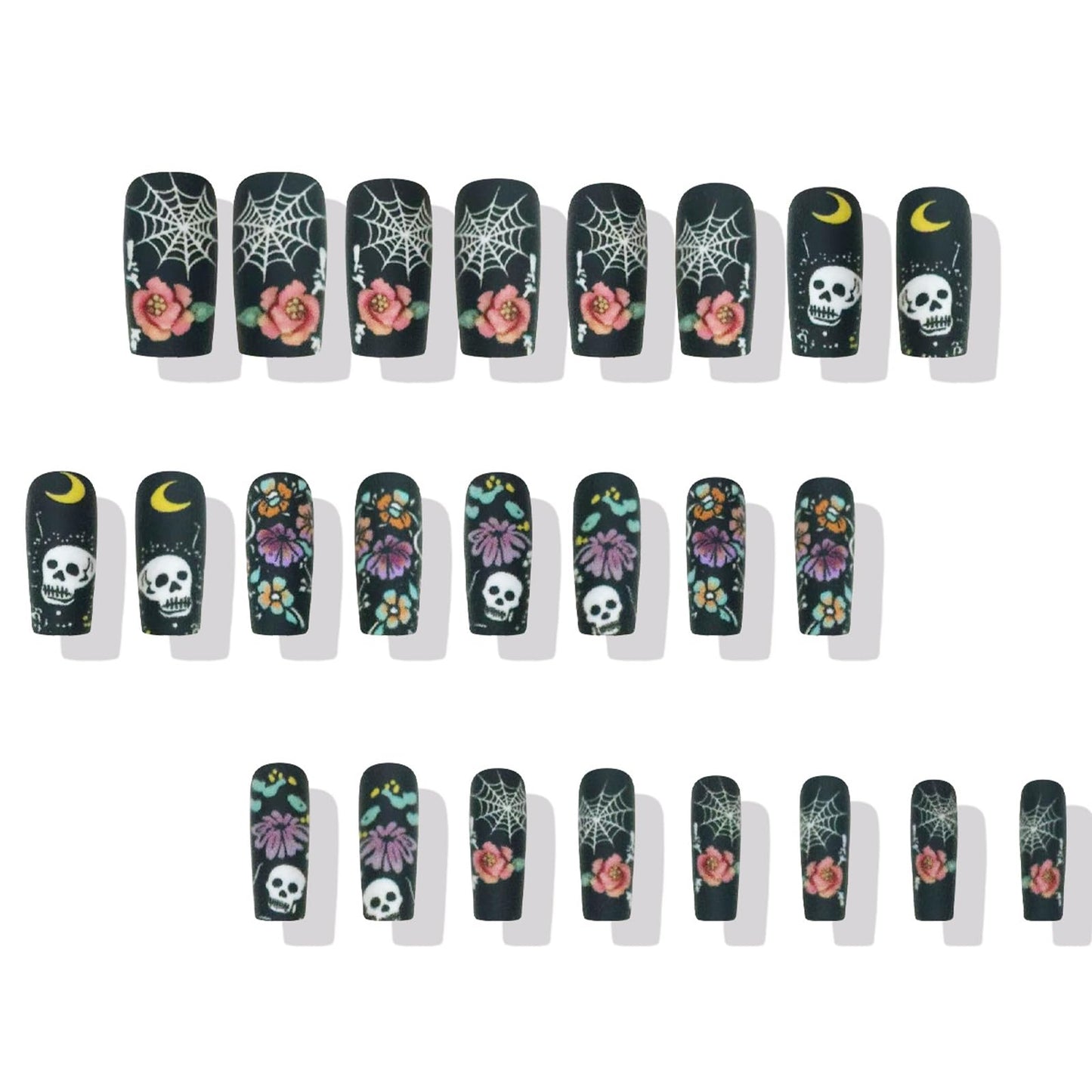 IMSOHOT Halloween Press on Nails Long Square Fake Nails Matte Black Acrylic Full Cover False Nails with Flower & Skull Designs Goth Punk Glue on Nails for Women DIY Manicure