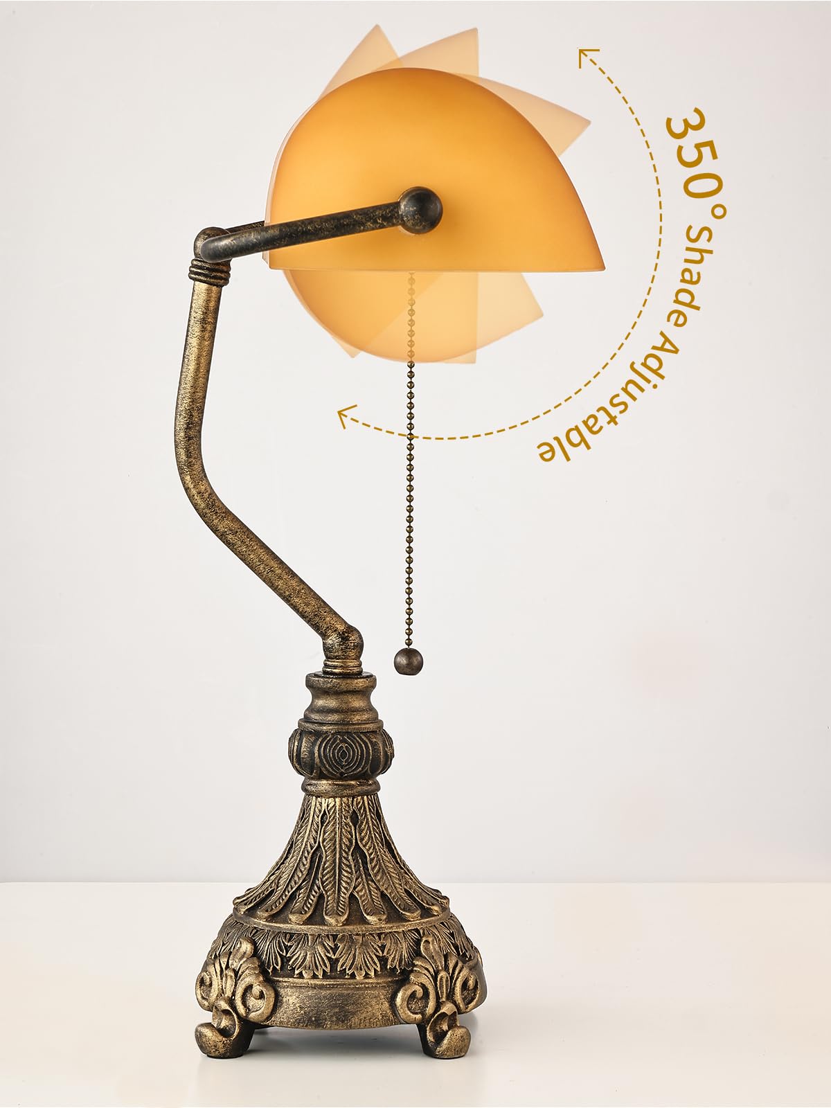 Newrays Vintage Amber Glass Bankers Desk Lamp for Home Office,Library with Pull Chain Switch Plug in Fixture, LED Bulb Included