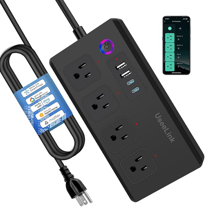 Matter Smart Power Strip,Works with Apple HomeKit, Siri, Alexa, Google Assistant, with 4 Individually Controlled AC Outlets & 2 USB 2 Type-C Ports, Multi-Plug Extender for Home Office-Black
