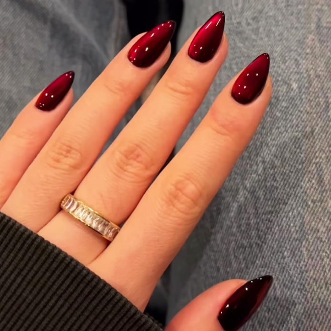 KQueenest Dark Red Press on Nails Cat Eye, Burgundy Glitter Press on Nails Almond Medium, Sparkly Shiny Fake Nails with Design, Cute Bling Glue on Nails Medium for Women Party Birthday, 30 Pcs