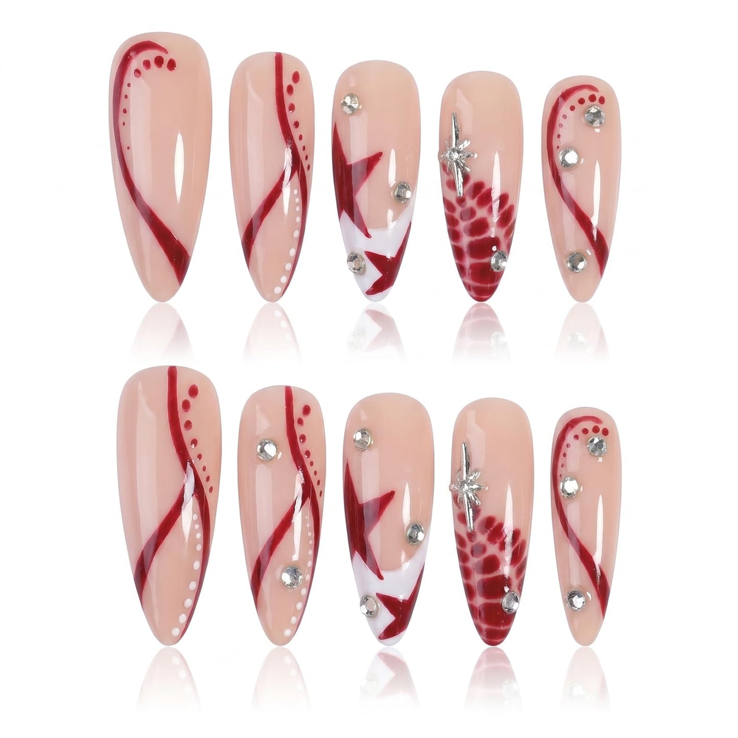 IMSOHOT Almond Press on Nails, Medium Fake Nails, Red Star Swirl Rhinestone Design, 24 Pcs Reusable Glue on Nails for Women, Salon Quality