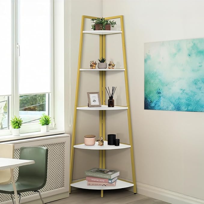 CAPHAUS Tall Corner Shelf Stand, 5-Tier Display Shelves, Ladder Corner Wood Storage Plant Bookshelf with Metal Frame, Versatile Shelving Unit Bookcase for Home Office Space, Gold