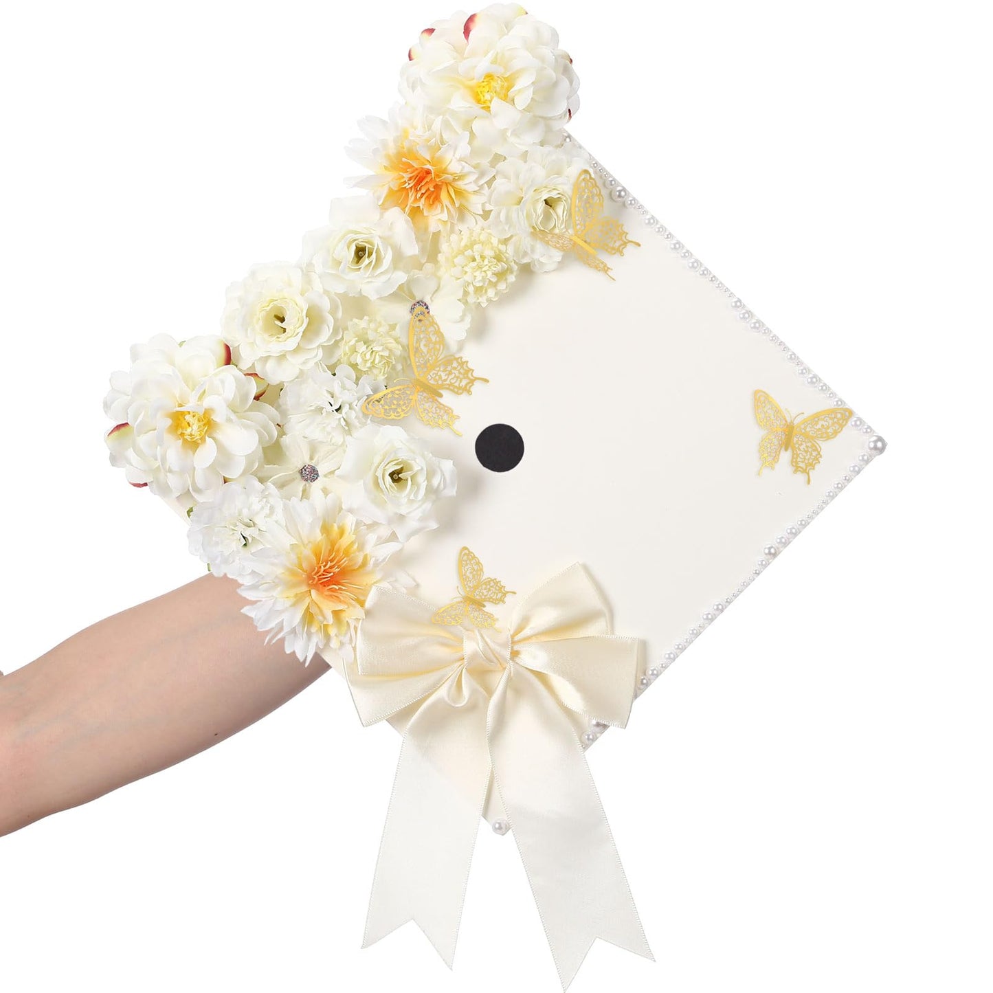 MotiMind 41 Pcs Beige DIY Graduation Cap Decoration Kit, Grad Cap Decorations Grad Hat Topper Faux Assorted Flowers Bows 3D Cream Construction Paper Butterfly Stickers Pearl Adhesive Dots