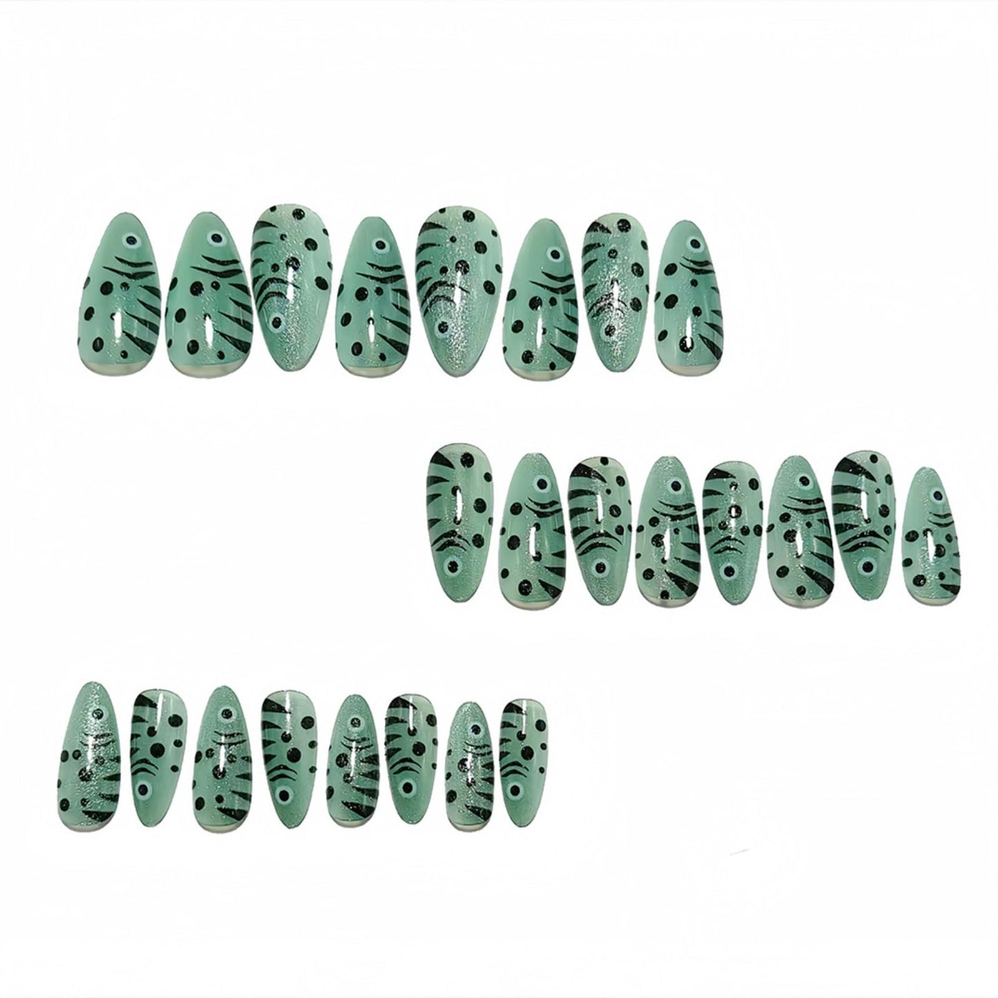 Fish Press on Nails Medium Almond Fake Nails Cute Light Green Fish Full Cover Acrylic False Nails Shiny Funny Artificial Stick on Nails Spring Summer Glue on Nails for Women Manicure Decor 24Pcs