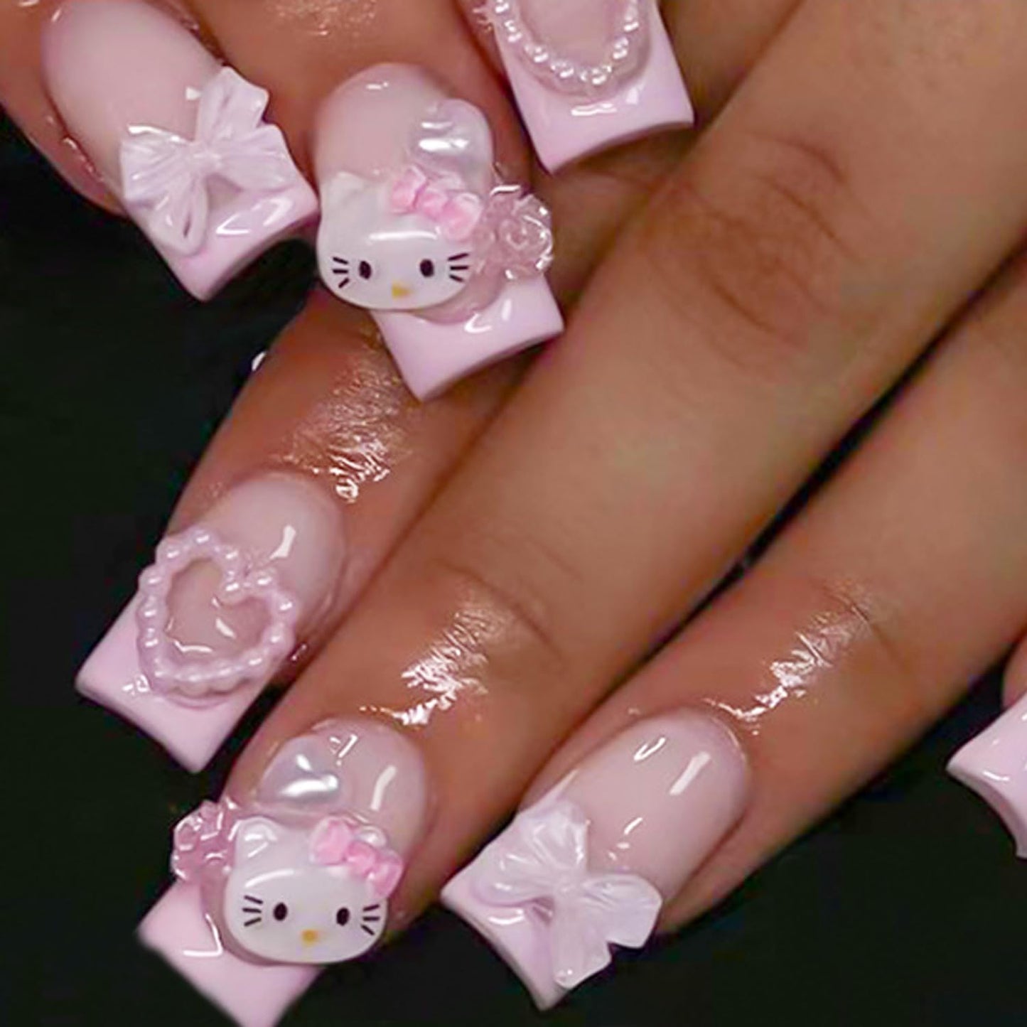 24Pcs French Tip Press on Nails Medium Length Square Fake Nails with 3D Pink Bow Heart Cute Cartoon Design Glossy Full Cover Coffin False Nail with Cute Cat Full Cover Coffin False Nail for Women