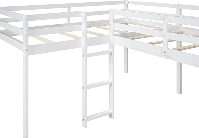 L-Shaped Twin Size Loft Bed with Ladder and Slide,Solid Wood Structure Bed Frame,w/Safety Guardrail & Slat Supports,Space Saving,Easy to Assemble,for Kids,Teens,Girls & Boys,White