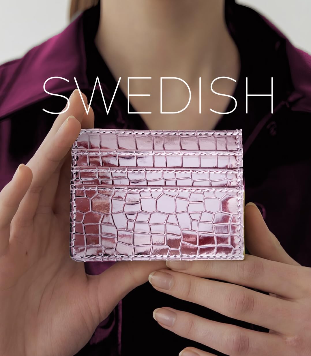 SWEDEY Super Shiny Slim Credit Card Holder Mini Front Pocket Wallet in Mirror Metallic Faux Crocodile pattern (Metalic Pink)