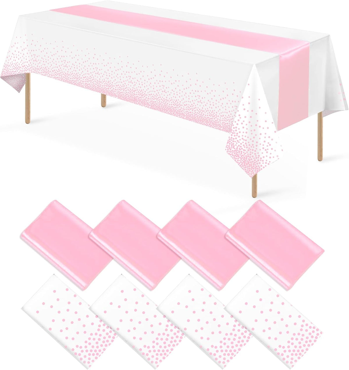 8Pack Disposable Plastic Tablecloths and Satin Table Runner Set White Pink Dot Table Cloth Gold Satin Table Runner for Graduation Wedding Birthday Baby Shower Anniversary Holiday Party Decorations