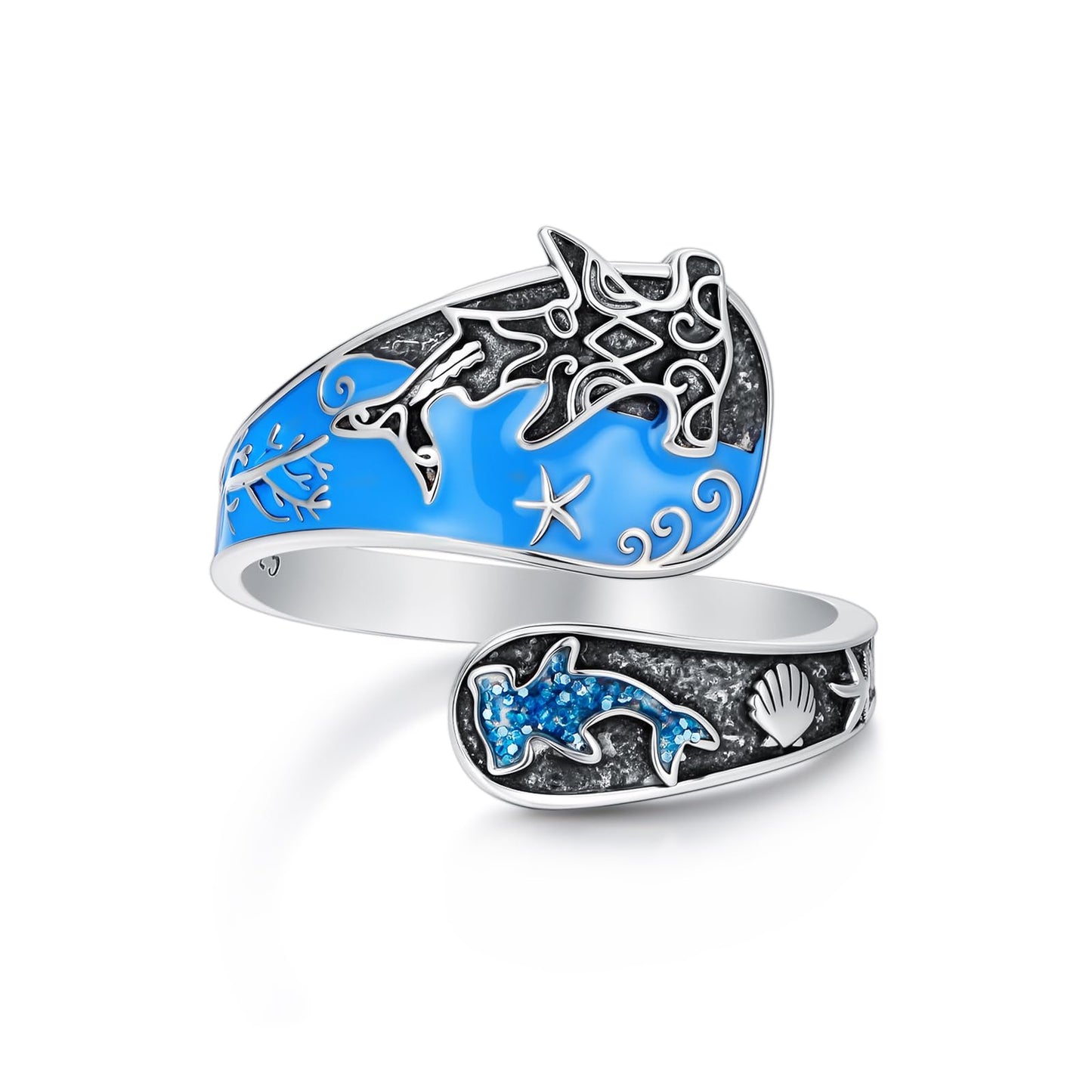 Midari Shark Spoon Rings for Women 925 Sterling Silver Adjustable Hammerhead Shark Ring Adjustable Spoon Rings Ocean Jewelry Gift for Women Wave Shark Lovers
